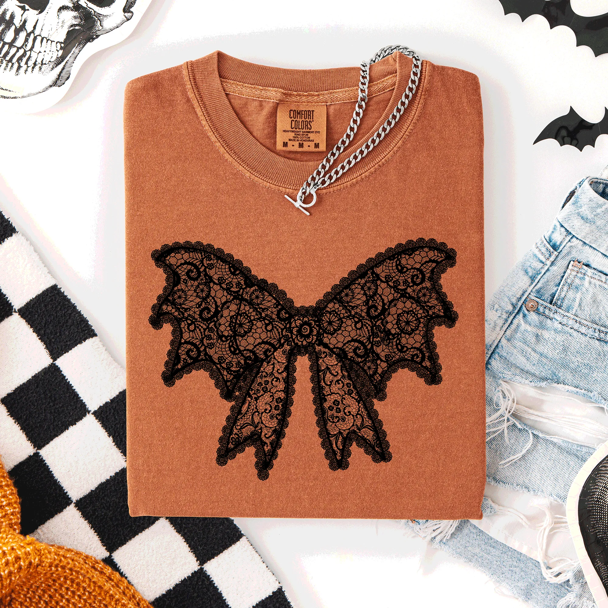Lace Bow, Halloween, Goth, Faux Lace, Ribbon, Coquette, Comfort Colors T-Shirt sold by Refinery Number One product image thumbnail 2