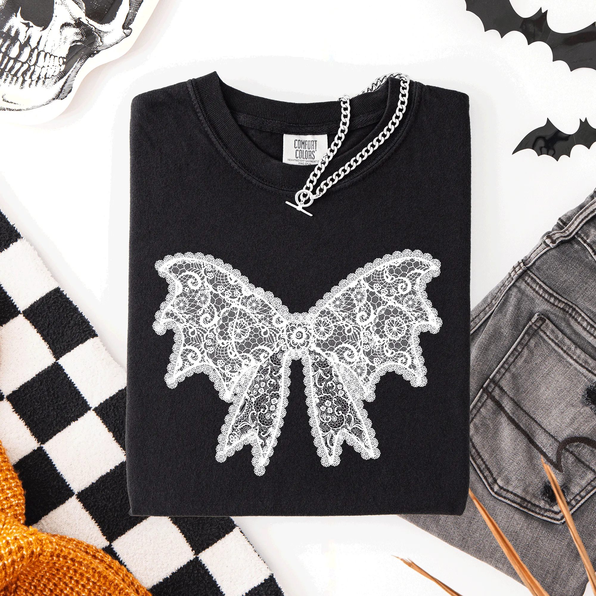 Lace Bow, Halloween, Goth, Faux Lace, Ribbon, Coquette, Comfort Colors T-Shirt sold by Refinery Number One product image thumbnail 3