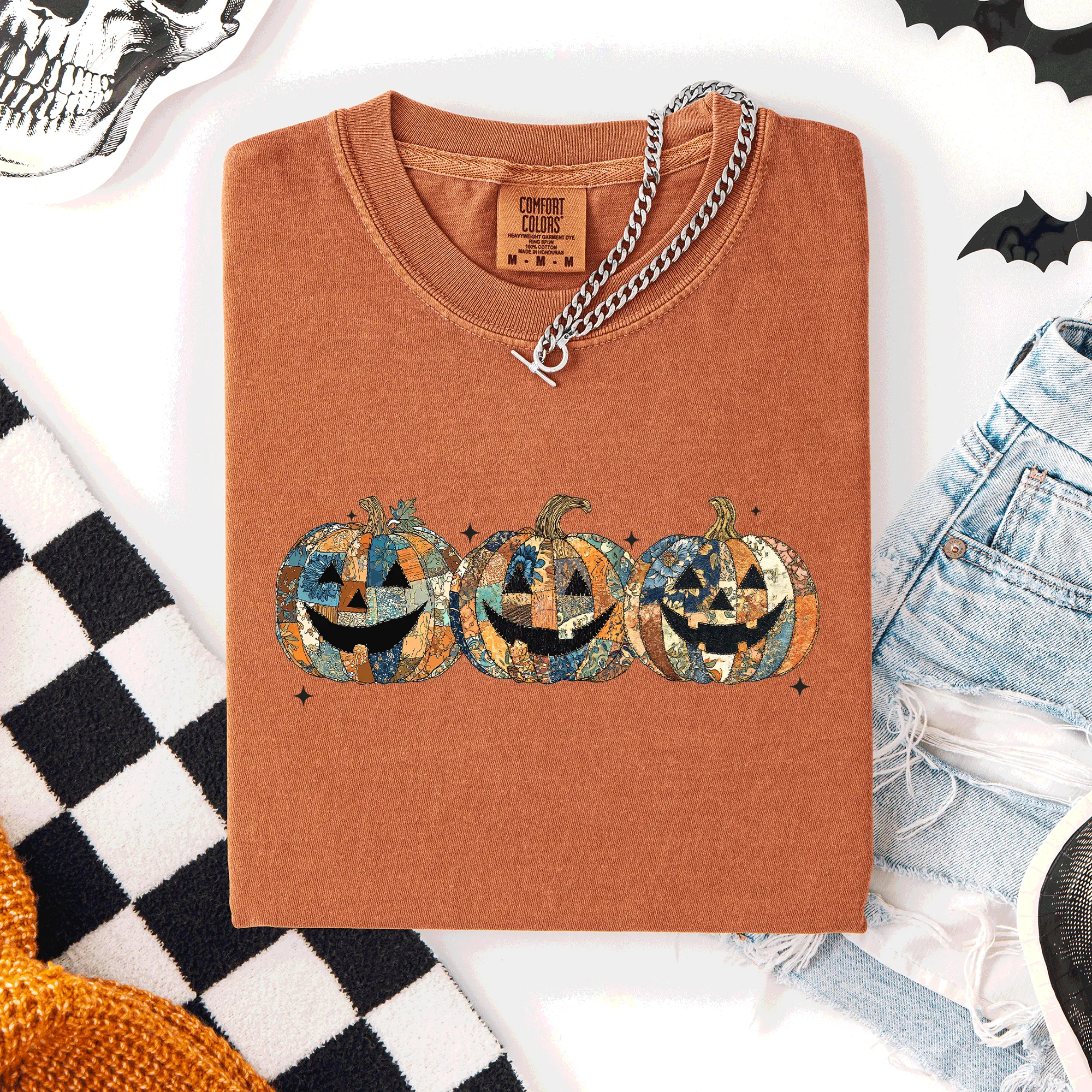 Jack o Lanterns, Faux Quilt, Classic, Cute, Trad, Halloween, Fall, Autumn, Comfort Colors T-Shirt sold by Refinery Number One product image thumbnail 4