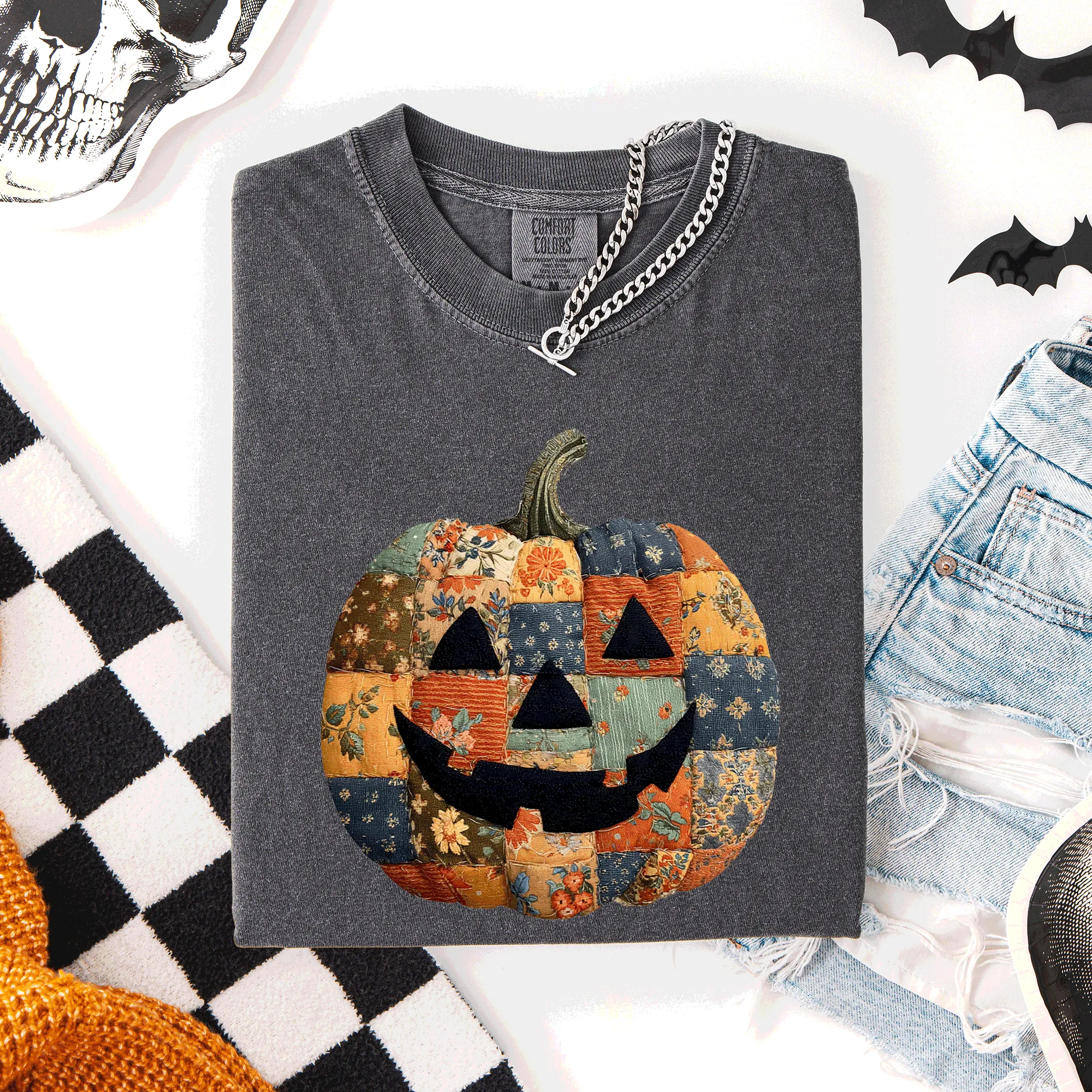Jack o Lantern, Faux Quilt Pumpkin, Halloween, Fall, Autumn, Comfort Colors T-Shirt sold by Refinery Number One product image thumbnail 3