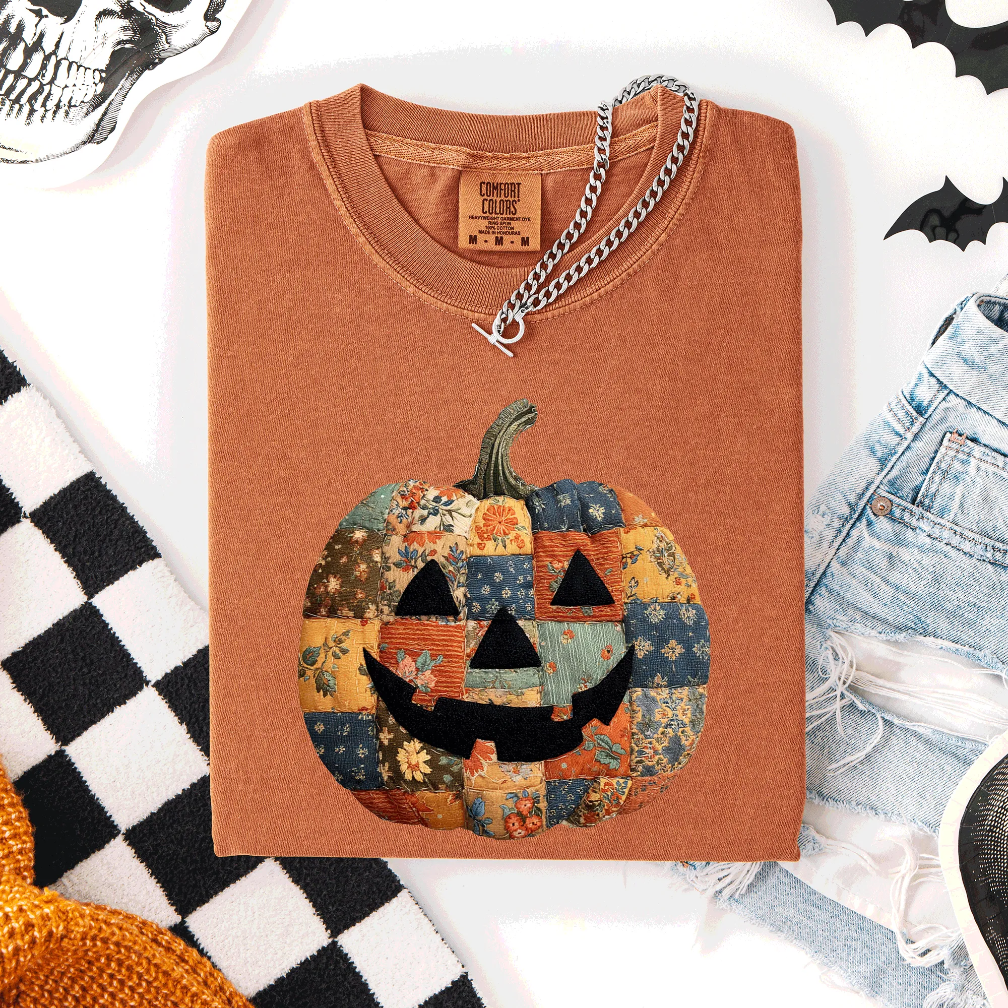 Jack o Lantern, Faux Quilt Pumpkin, Halloween, Fall, Autumn, Comfort Colors T-Shirt sold by Refinery Number One product image thumbnail 2