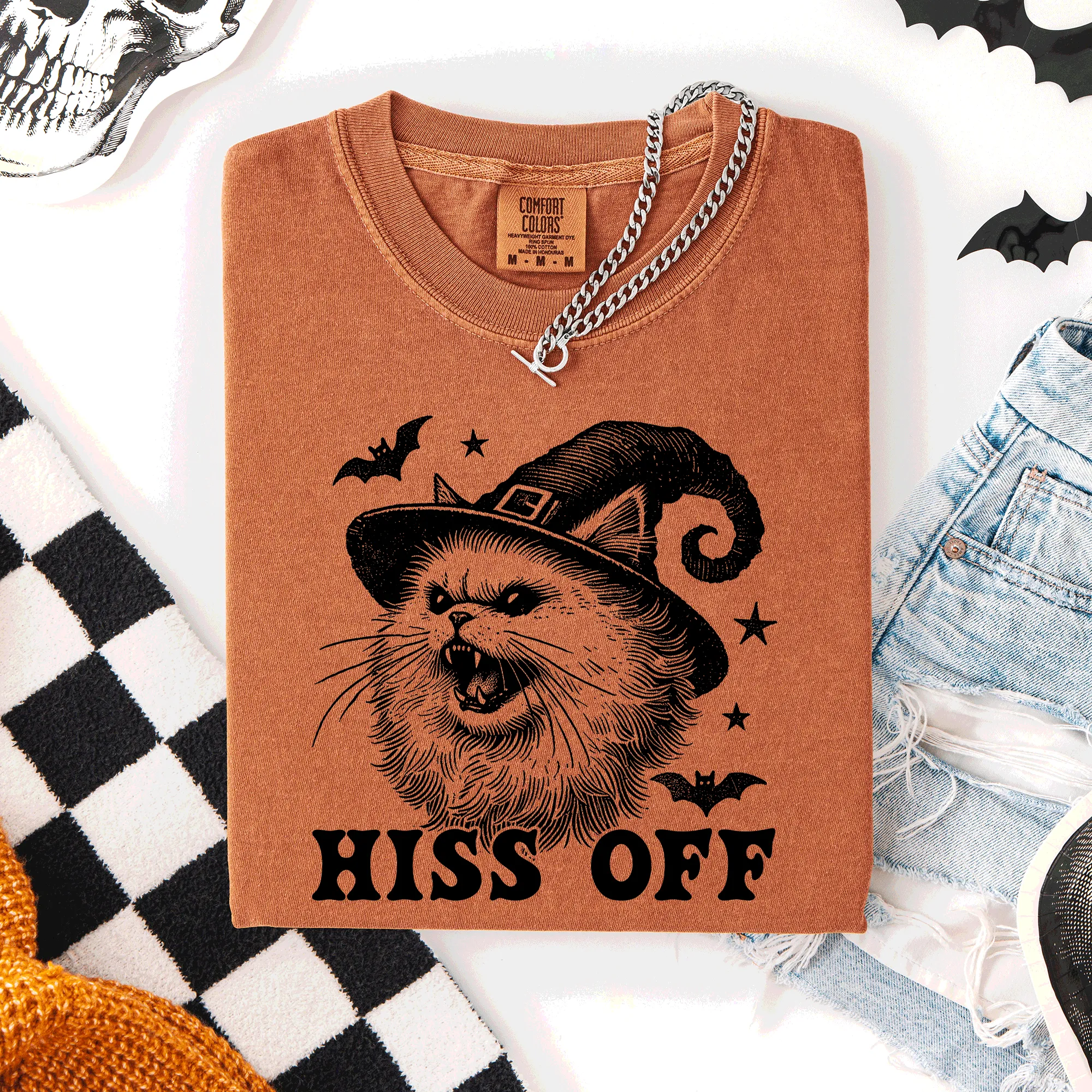 Hiss Off, Cat, Halloween Witch, Funny, Graphic Tee, Trendy, Comfort Colors T-Shirt sold by Refinery Number One product image thumbnail 3