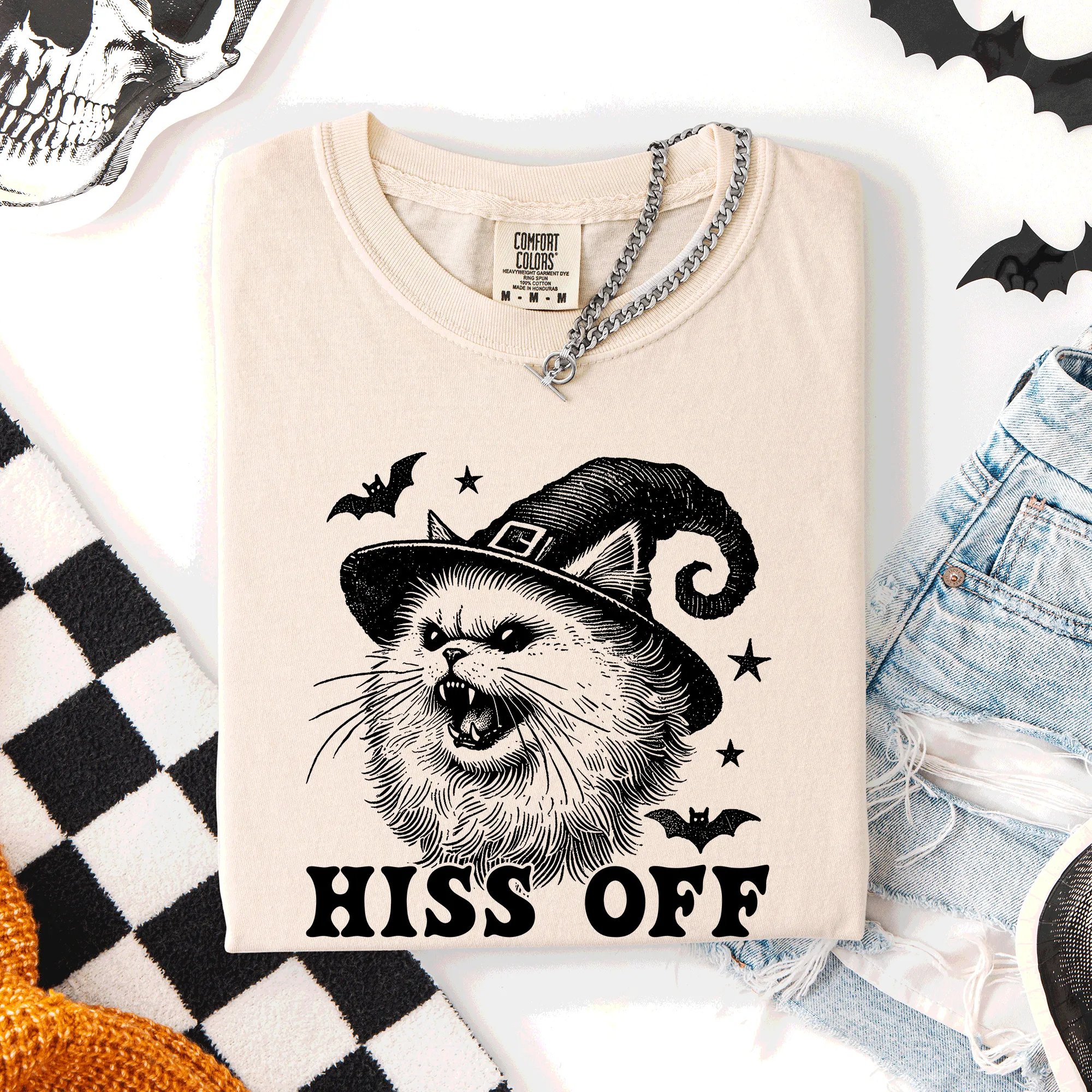Hiss Off, Cat, Halloween Witch, Funny, Graphic Tee, Trendy, Comfort Colors T-Shirt sold by Refinery Number One product image thumbnail 2