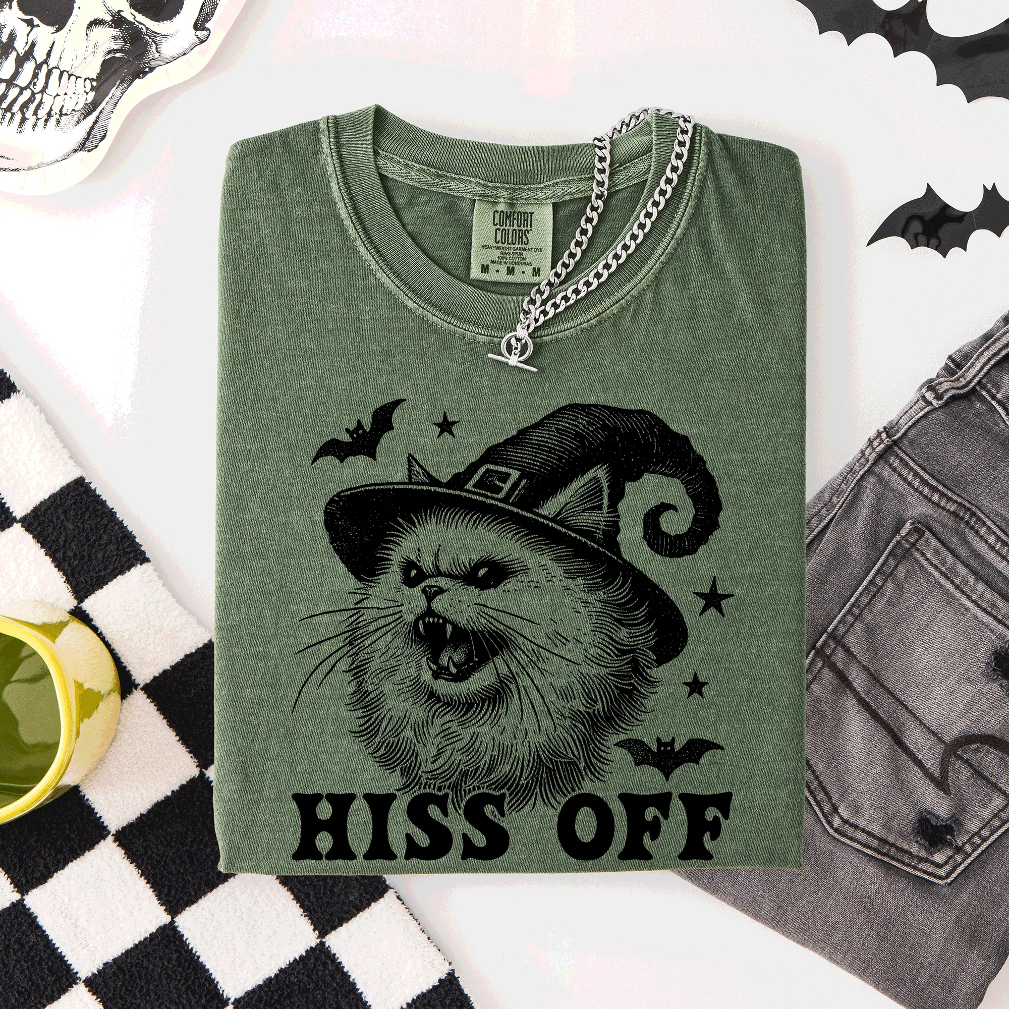 Hiss Off, Cat, Halloween Witch, Funny, Graphic Tee, Trendy, Comfort Colors T-Shirt sold by Refinery Number One product image thumbnail 4