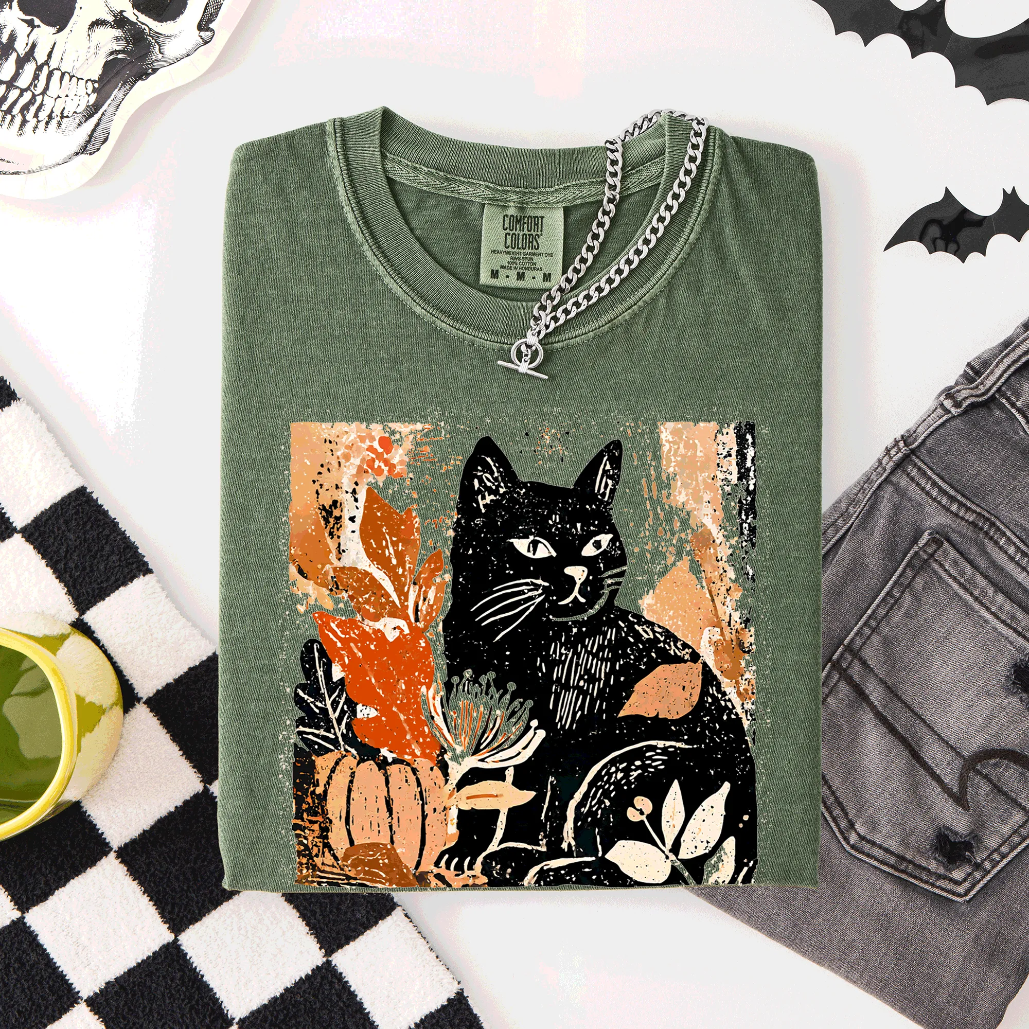 Vintage Black Cat, Halloween, Autumn, Fall, Pumpkin, Comfort Colors T-Shirt sold by Refinery Number One product image thumbnail 3