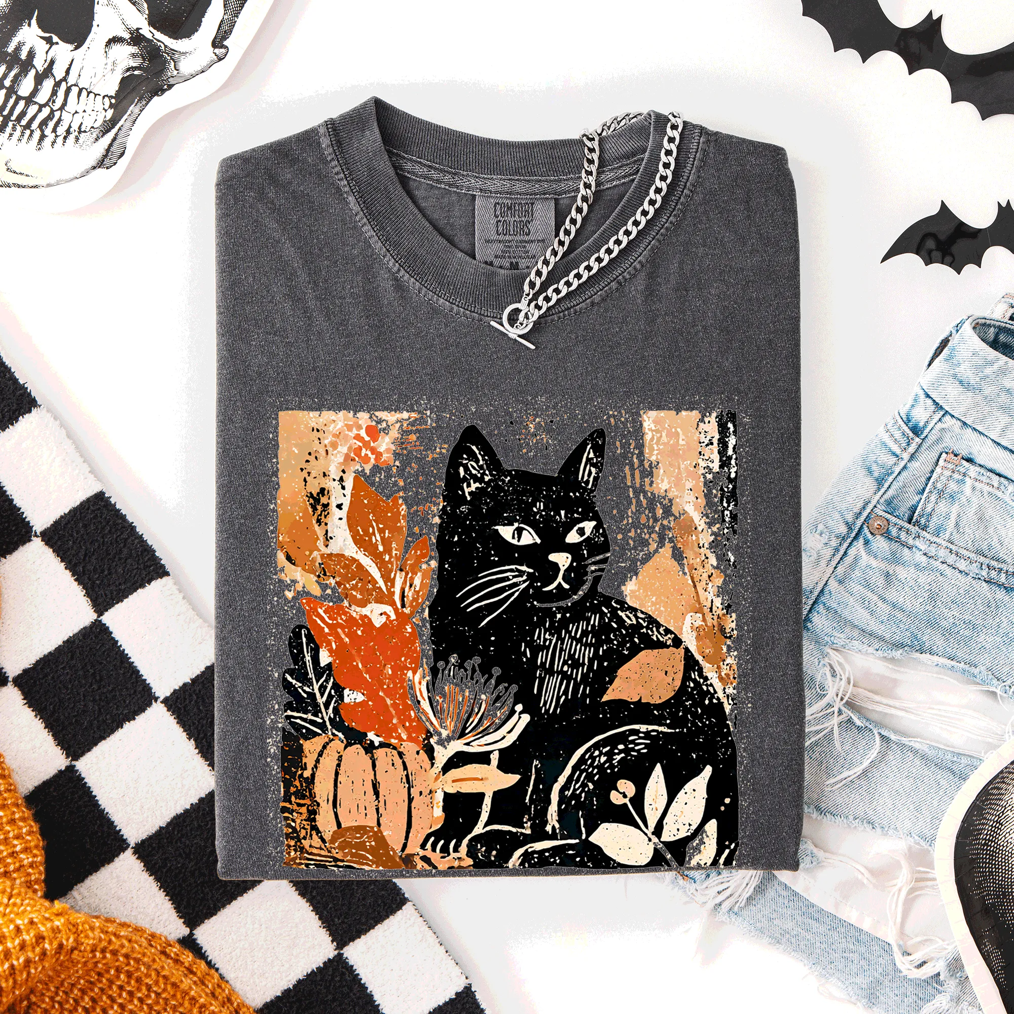 Vintage Black Cat, Halloween, Autumn, Fall, Pumpkin, Comfort Colors T-Shirt sold by Refinery Number One product image thumbnail 4