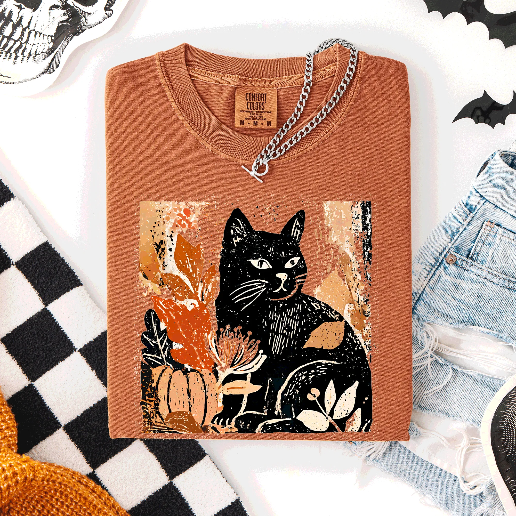 Vintage Black Cat, Halloween, Autumn, Fall, Pumpkin, Comfort Colors T-Shirt sold by Refinery Number One