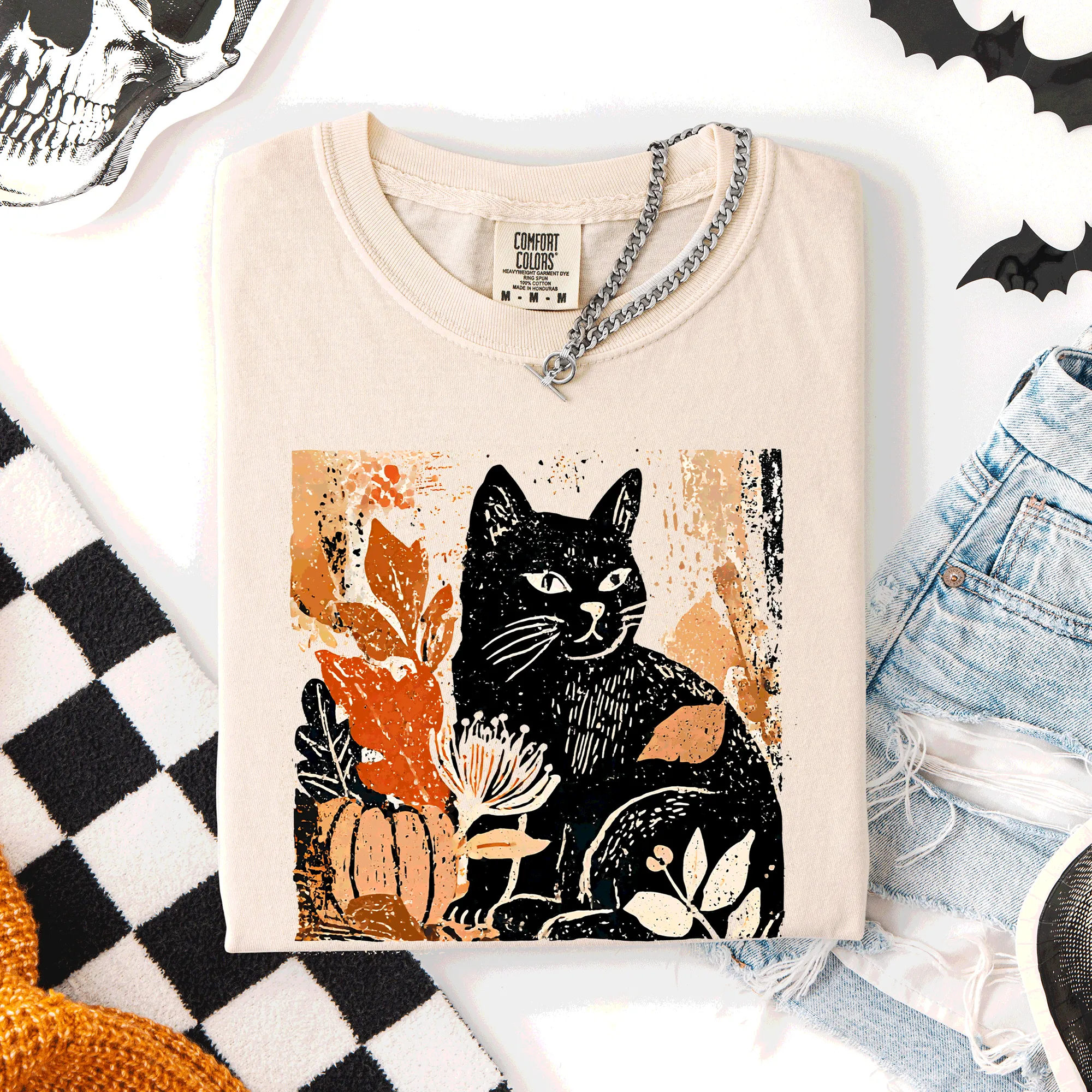 Vintage Black Cat, Halloween, Autumn, Fall, Pumpkin, Comfort Colors T-Shirt sold by Refinery Number One product image thumbnail 2