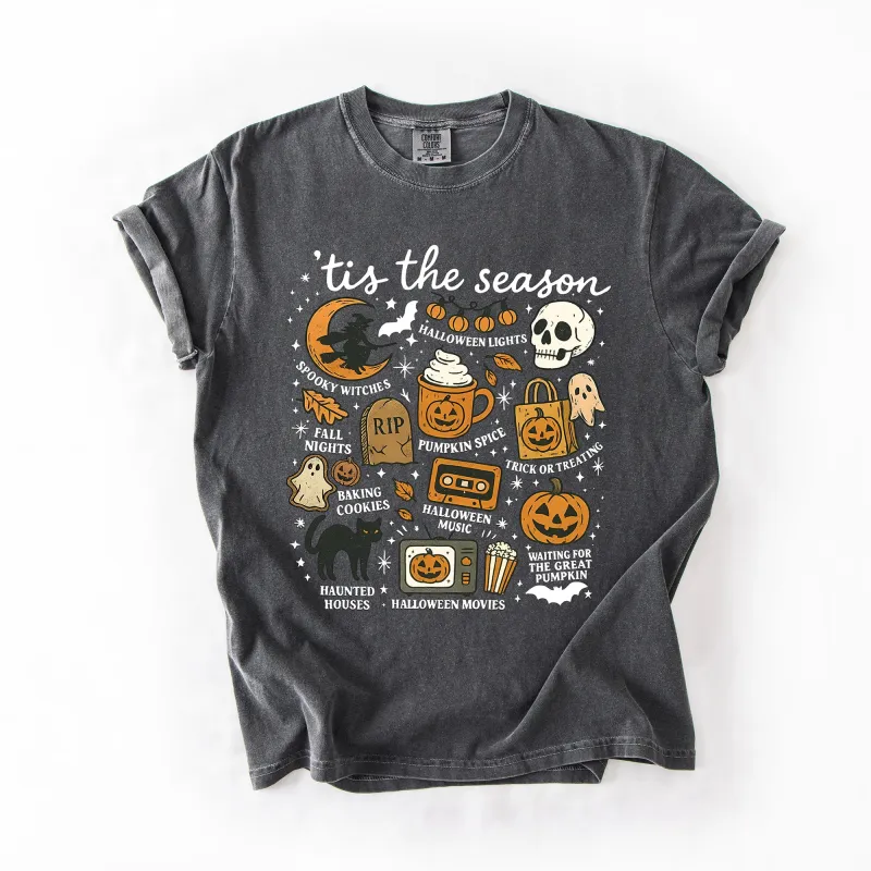 Tis The Season, Halloween, Skeleton, Black Cat, Witch, Ghost, Pumpkin, Comfort Colors T-Shirt sold by Refinery Number One