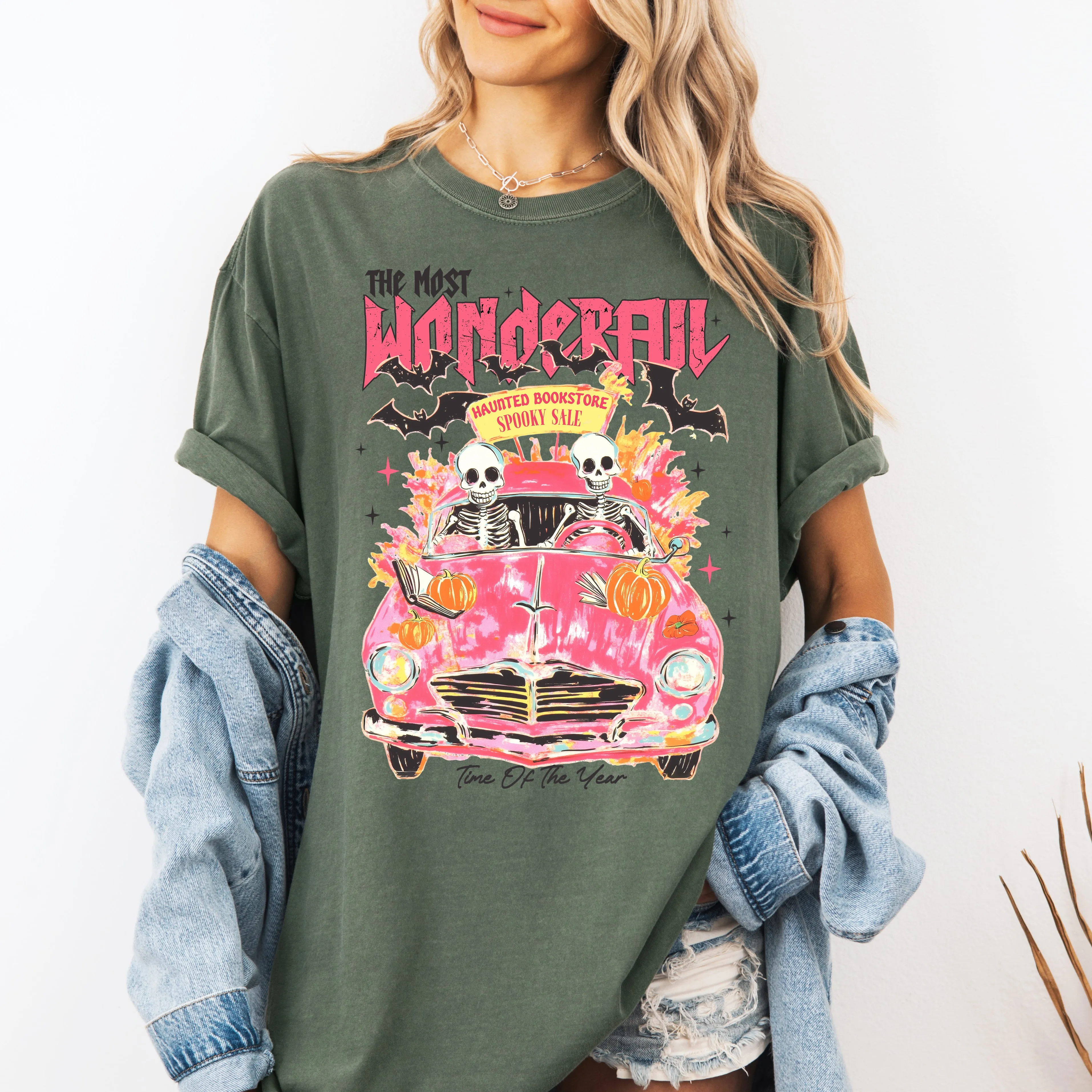 The Most Wonderful Time Of The Year, Reading Skeletons, Pink, Spooky, Halloween, Trending Graphic Tee, Comfort Colors T-Shirt sold by Refinery Number One product image thumbnail 5