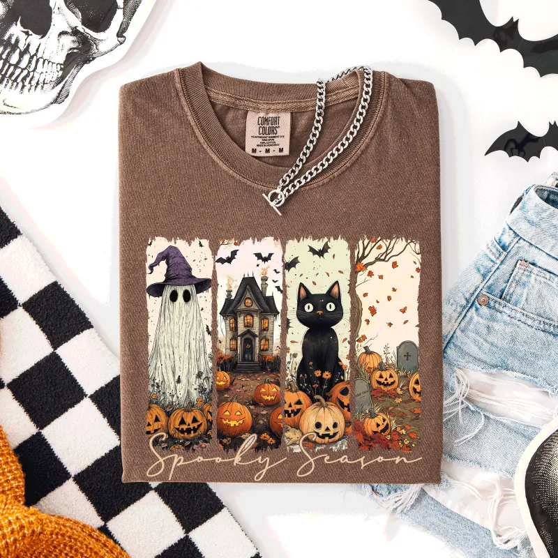 Spooky Season, Stripes, Halloween, Cat, Ghost, Pumpkins, Autumn, Fall, Comfort Colors T-Shirt sold by Refinery Number One