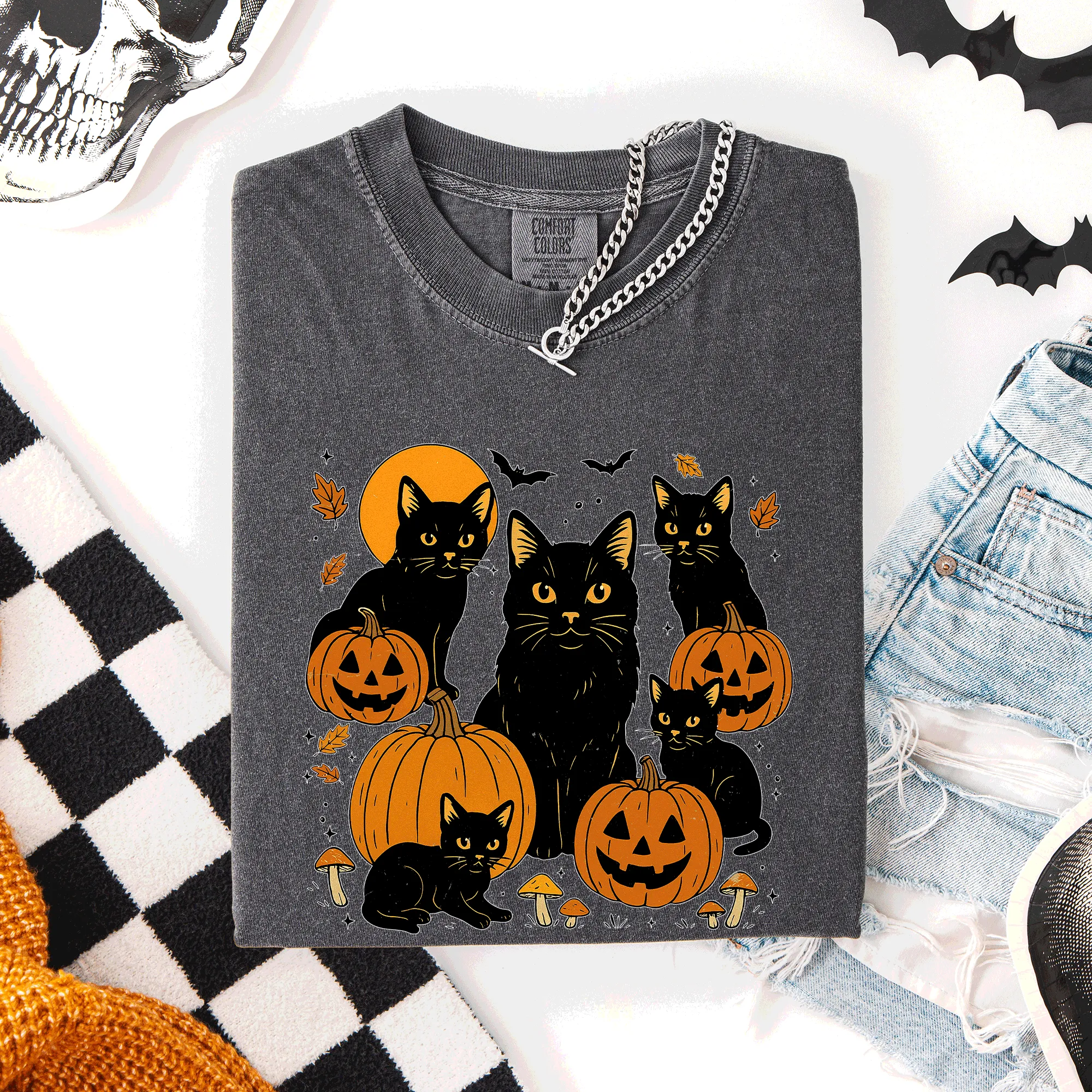 Retro Black Cats, Pumpkins, Halloween, Spooky, Comfort Colors T-Shirt sold by Refinery Number One product image thumbnail 4