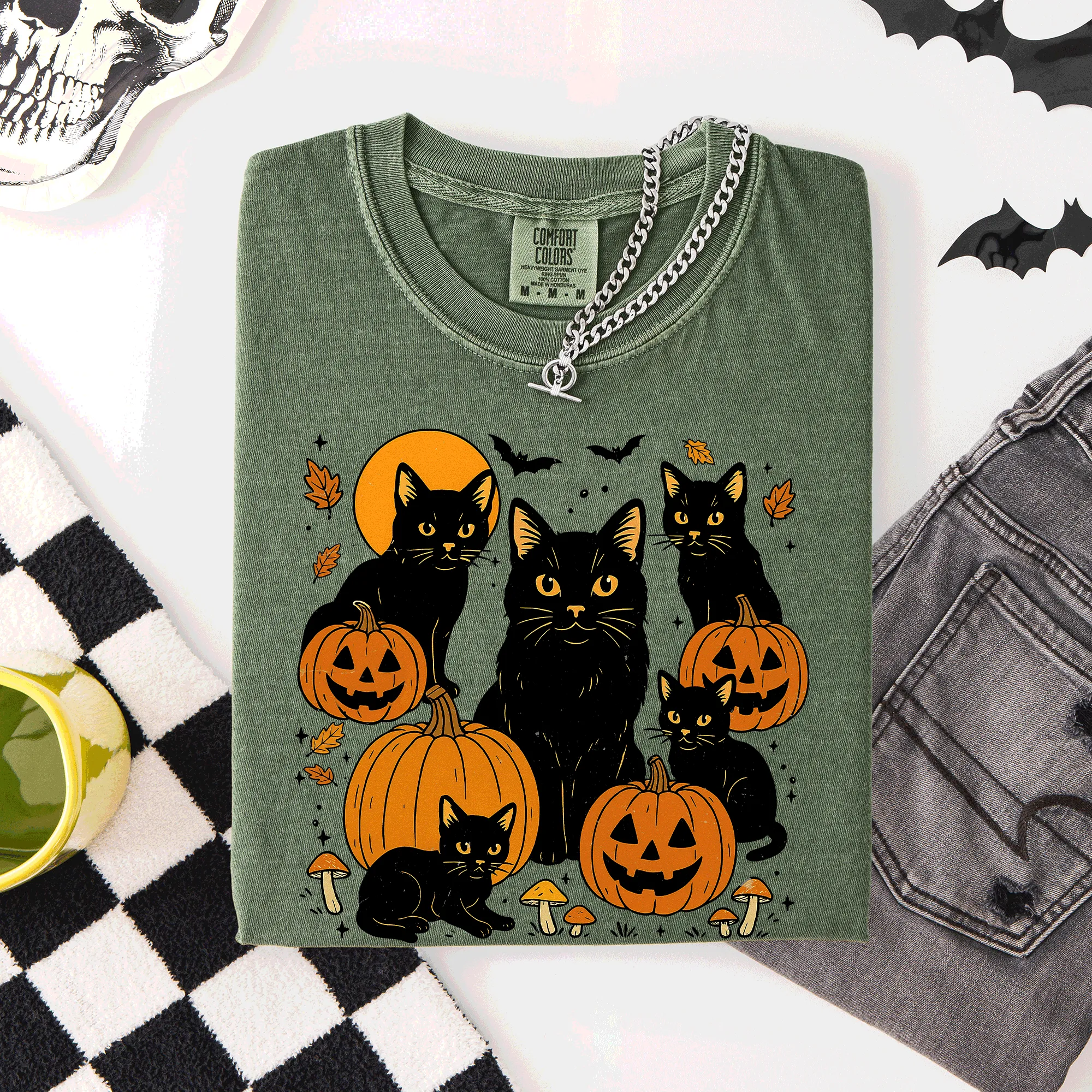 Retro Black Cats, Pumpkins, Halloween, Spooky, Comfort Colors T-Shirt sold by Refinery Number One product image thumbnail 3