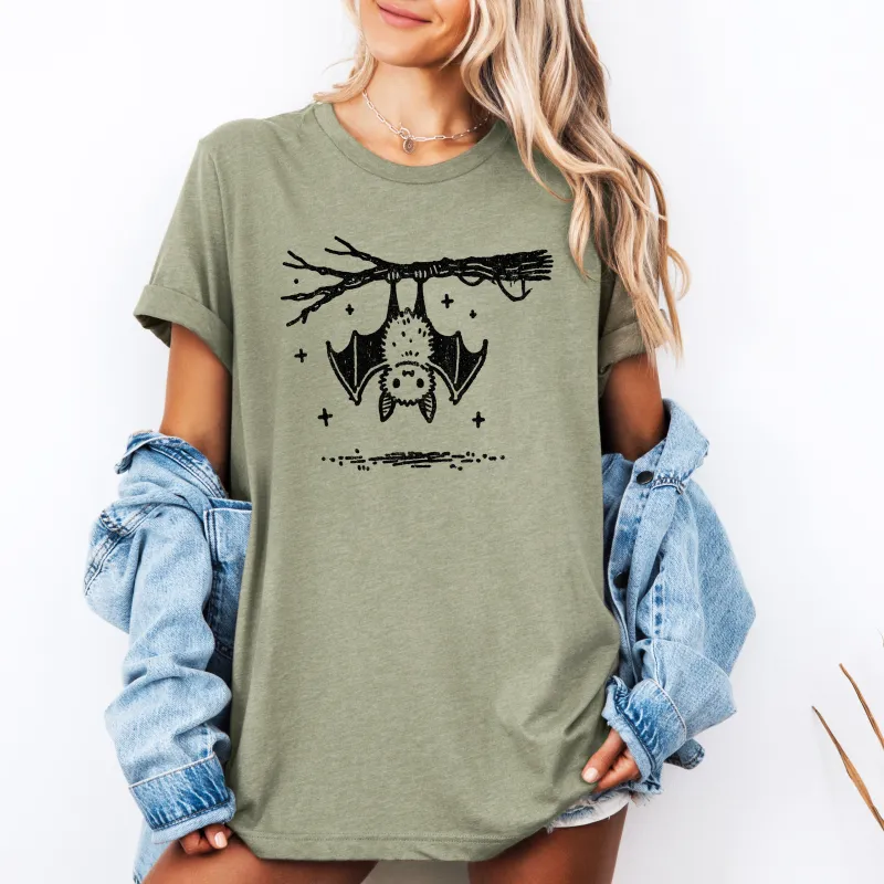 Cute Adorable Bat Halloween Night Sky Flying Silhouette Whimsical Cartoonish Party Graphic Tee made by Refinery Number One