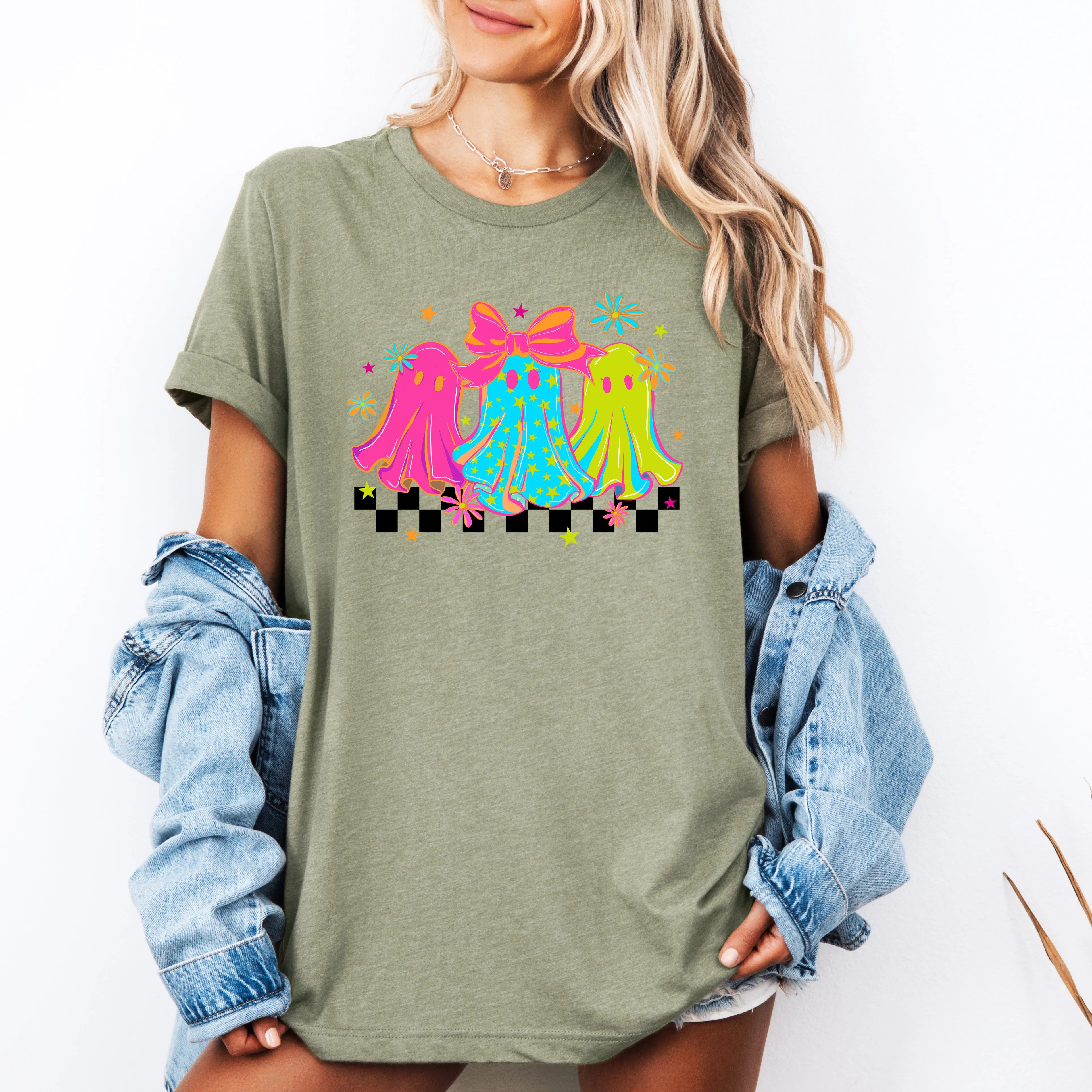Bright and Colorful, Retro Halloween Ghosts, Checkered, Tshirt sold by Refinery Number One product image thumbnail 4