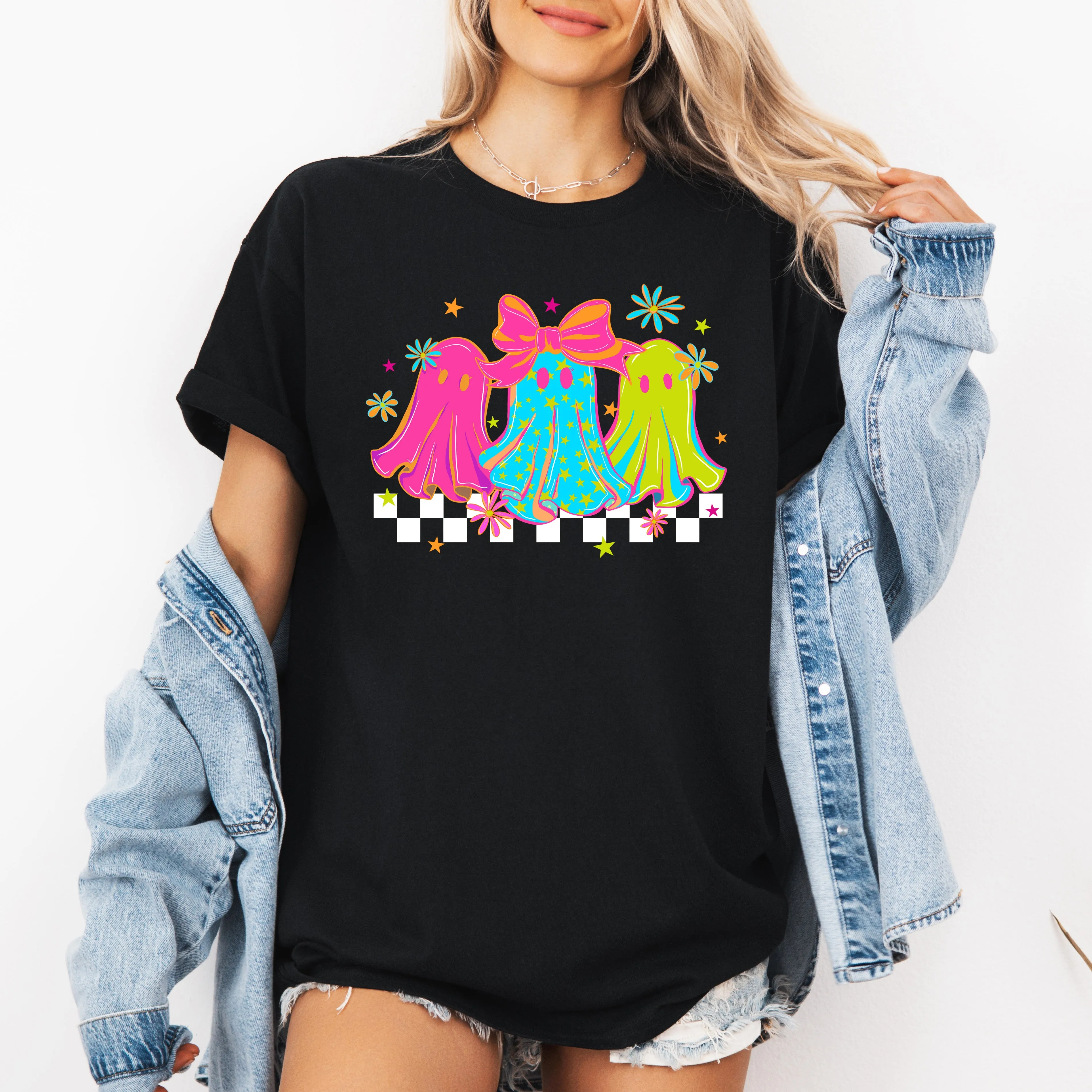 Bright and Colorful, Retro Halloween Ghosts, Checkered, Tshirt sold by Refinery Number One product image thumbnail 3