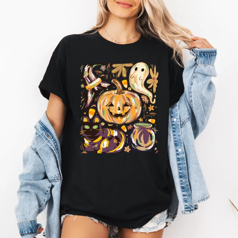 Cute Halloween Painted, Pumpkin, Black Cat, Ghost, Witch, Tshirt sold by Refinery Number One