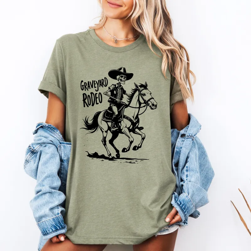 Graveyard Rodeo, Cowboy Skeleton, Halloween, Tshirt made by Refinery Number One