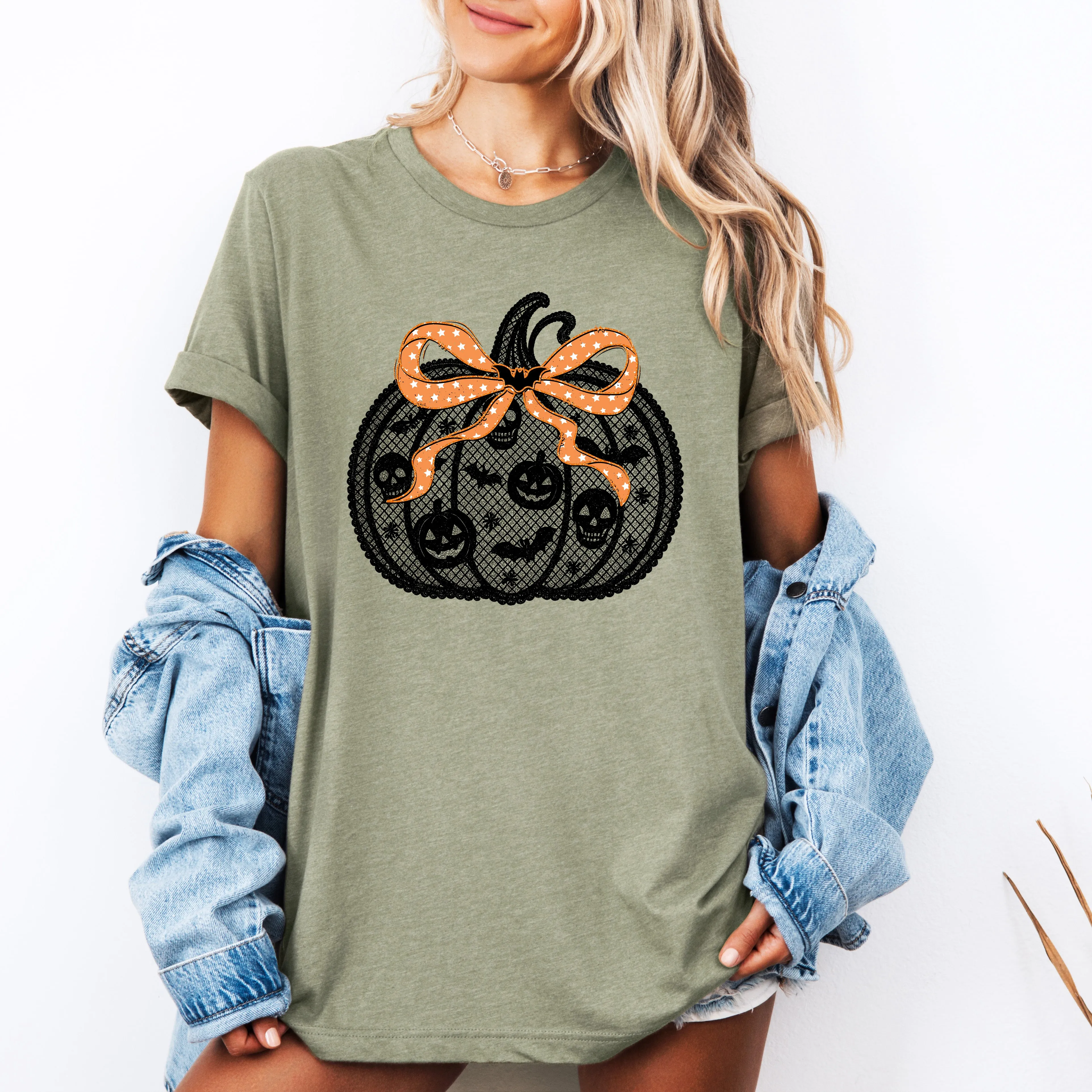 Halloween Pumpkin, Faux Lace, Coquette, Ribbon, Bows, Tshirt sold by Refinery Number One product image thumbnail 3