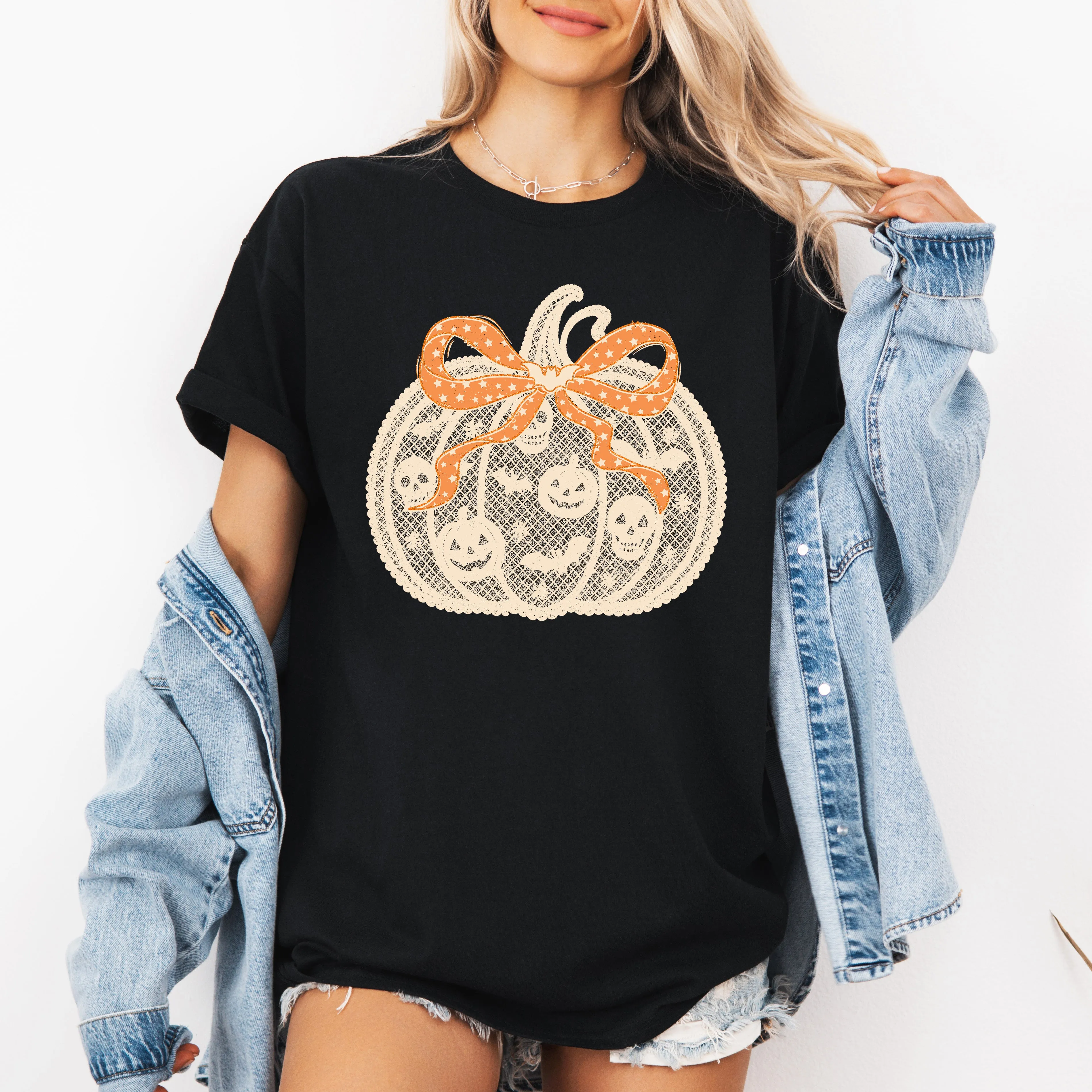 Halloween Pumpkin, Faux Lace, Coquette, Ribbon, Bows, Tshirt sold by Refinery Number One product image thumbnail 4