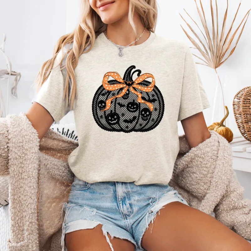 Halloween Pumpkin, Faux Lace, Coquette, Ribbon, Bows, Tshirt sold by Refinery Number One
