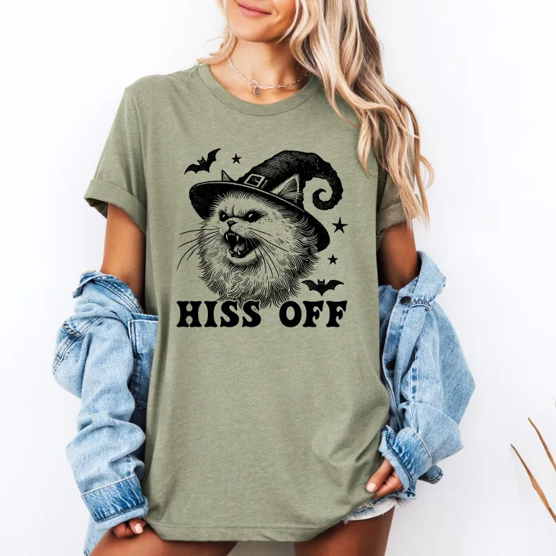 Hiss Off, Cat, Halloween Witch, Funny, Graphic Tee, Trendy, Tshirt made by Refinery Number One