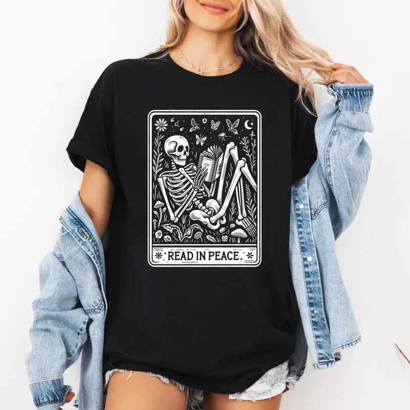 Read In Peace, Halloween, Skeleton, Tarot, Books, Library, Tshirt sold by Refinery Number One