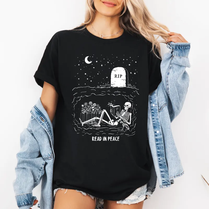 Read In Peace, Skeleton, RIP, Halloween, Booktok, Bookish, Library, Trending Graphic Tee, Tshirt sold by Refinery Number One