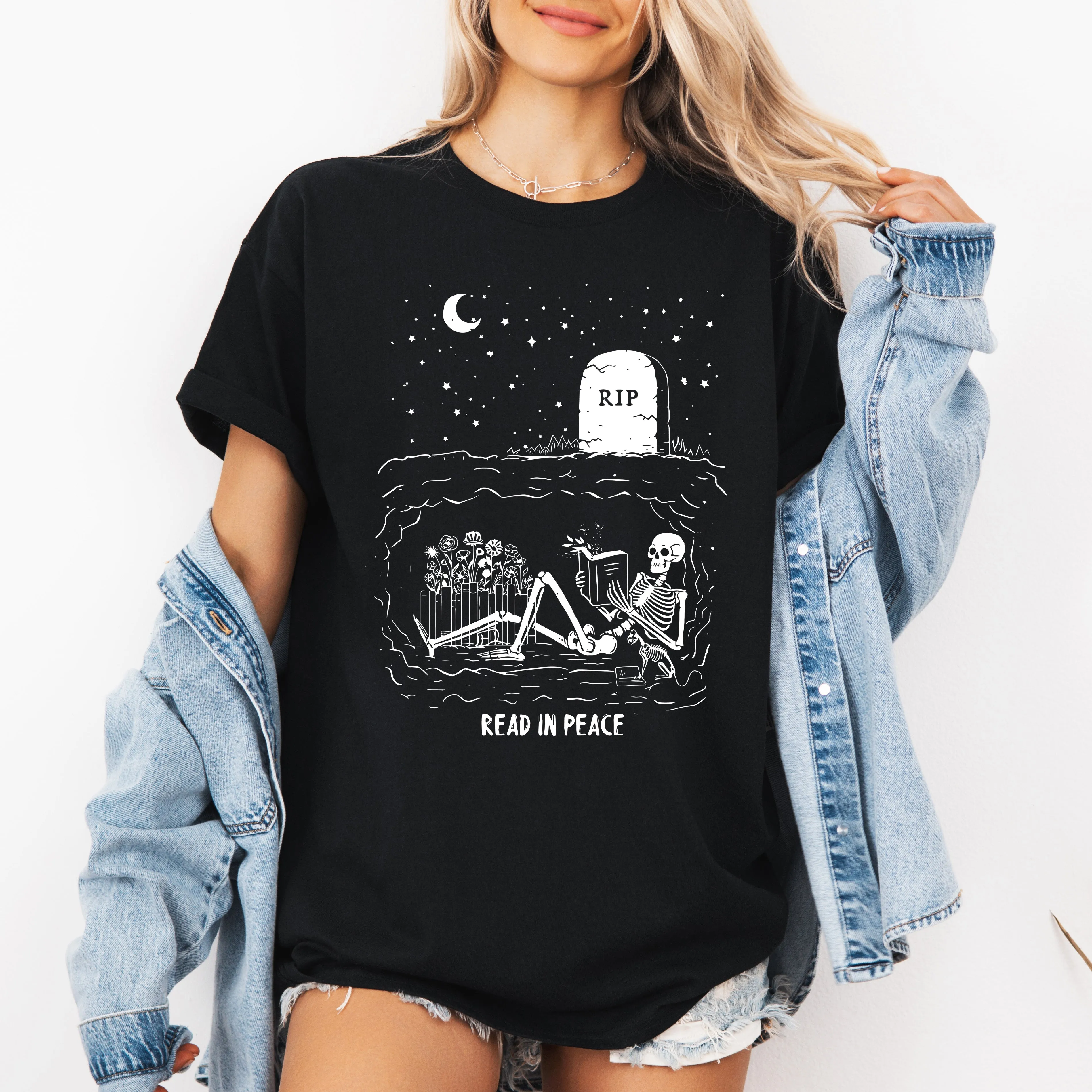 Read In Peace, Skeleton, RIP, Halloween, Booktok, Bookish, Library, Trending Graphic Tee, Tshirt sold by Refinery Number One