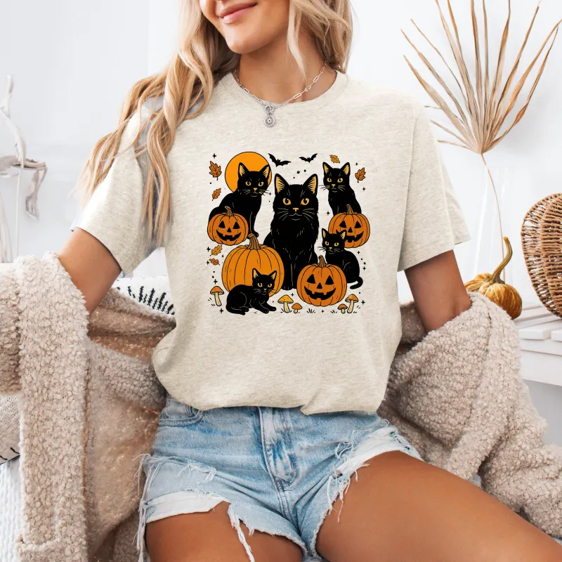Retro Black Cats, Pumpkins, Halloween, Spooky, Tshirt sold by Refinery Number One