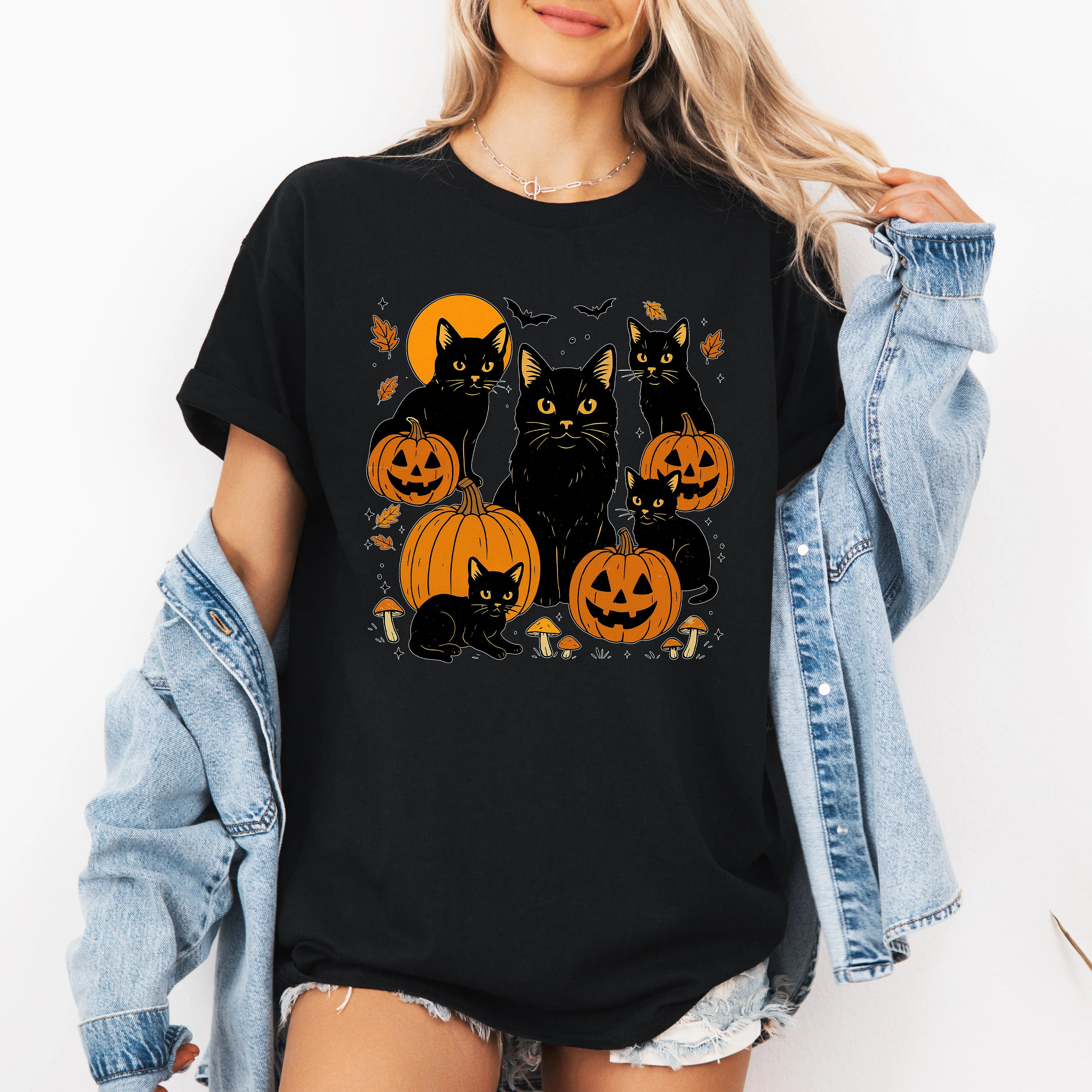 Retro Black Cats, Pumpkins, Halloween, Spooky, Tshirt sold by Refinery Number One product image thumbnail 4