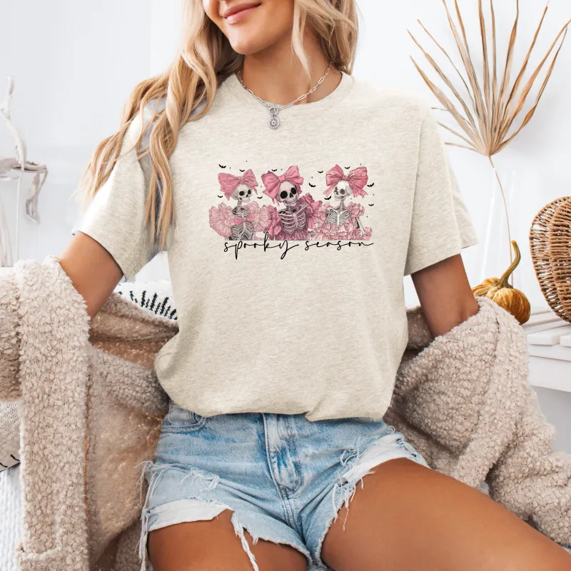Spooky Season, Pink Skeletons, Cute, Coquette, Ribbon, Bows, Halloween, Tshirt sold by Refinery Number One