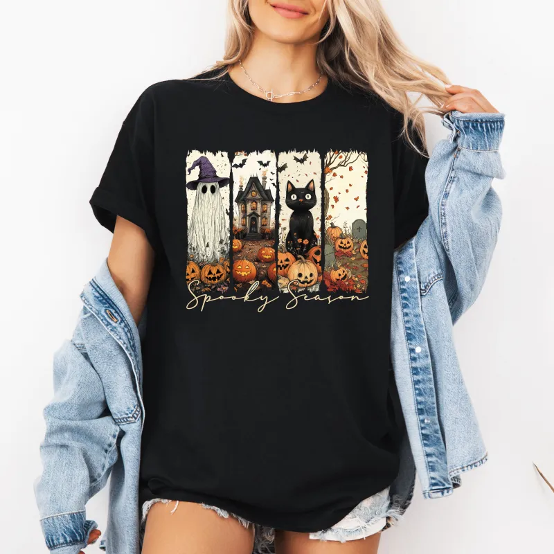 Spooky Season, Stripes, Halloween, Cat, Ghost, Pumpkins, Autumn, Fall, Tshirt sold by Refinery Number One