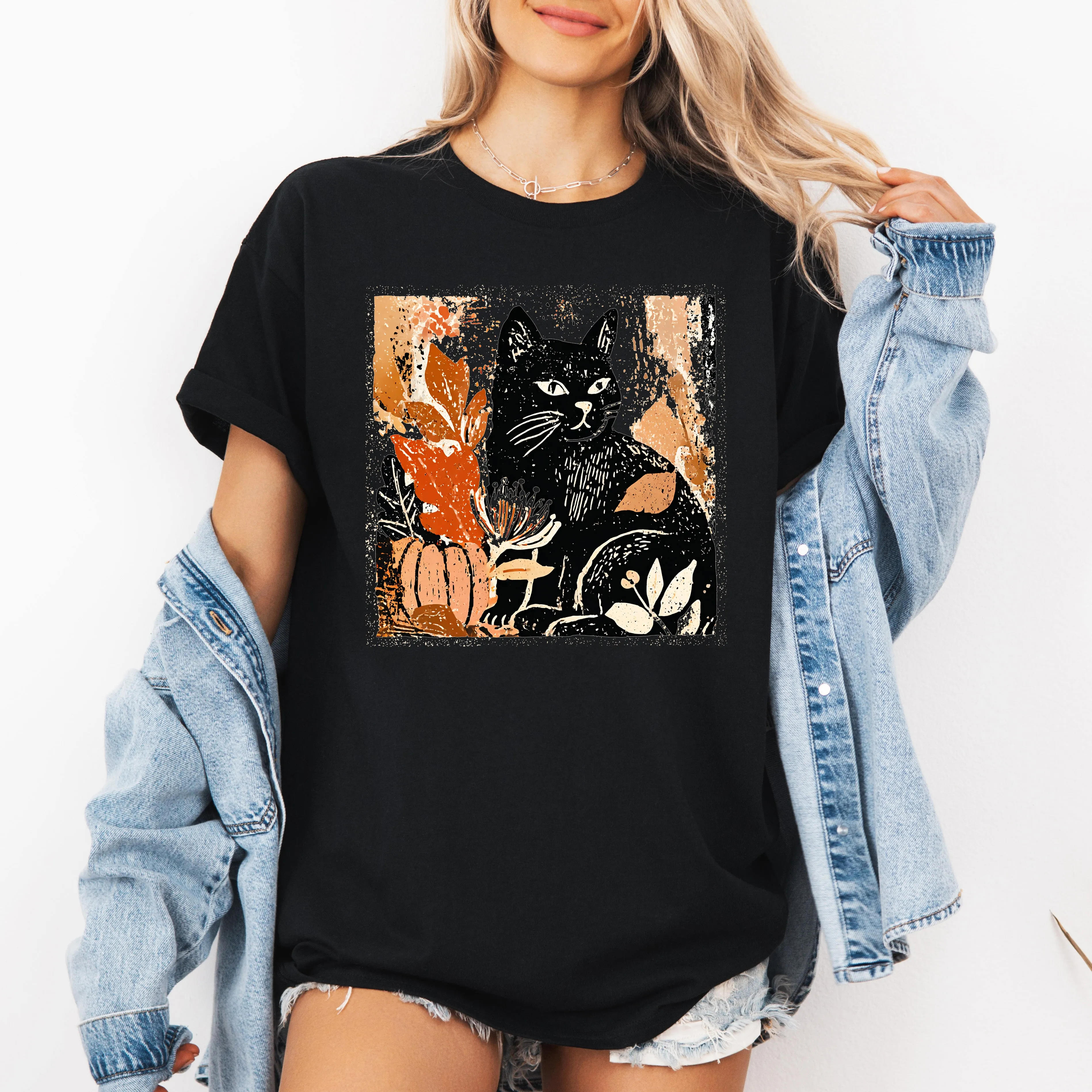 Vintage Black Cat, Halloween, Autumn, Fall, Pumpkin, Tshirt sold by Refinery Number One product image thumbnail 2