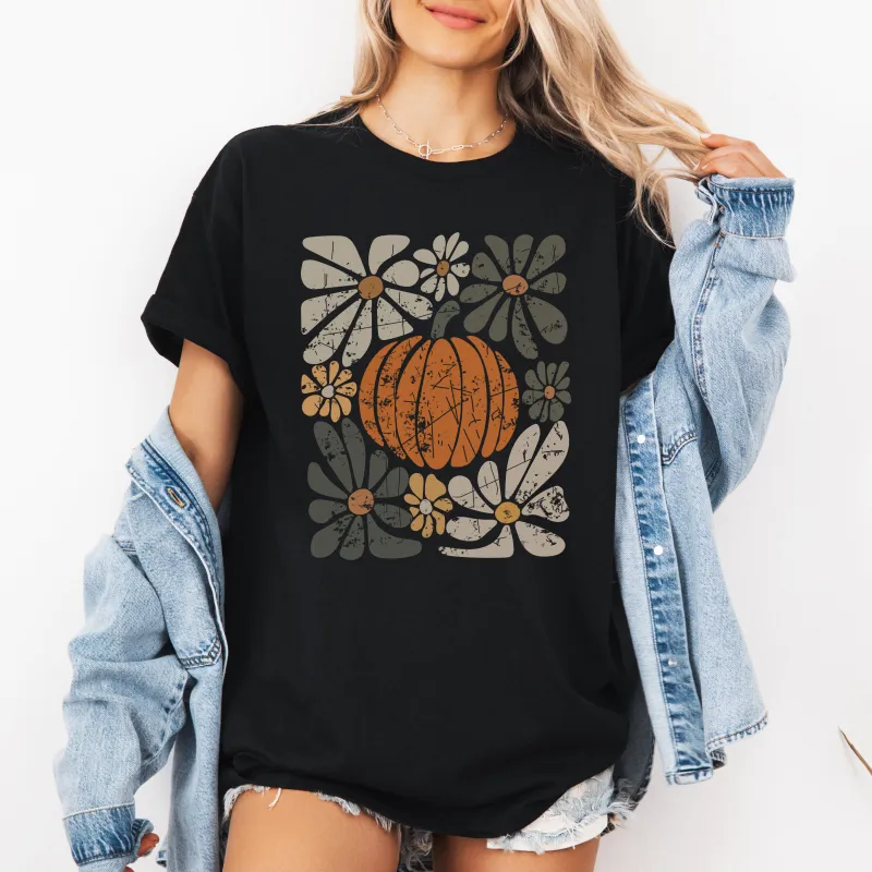 Retro Autumn, Pumpkin and Flowers, Fall, Halloween, Tshirt sold by Refinery Number One