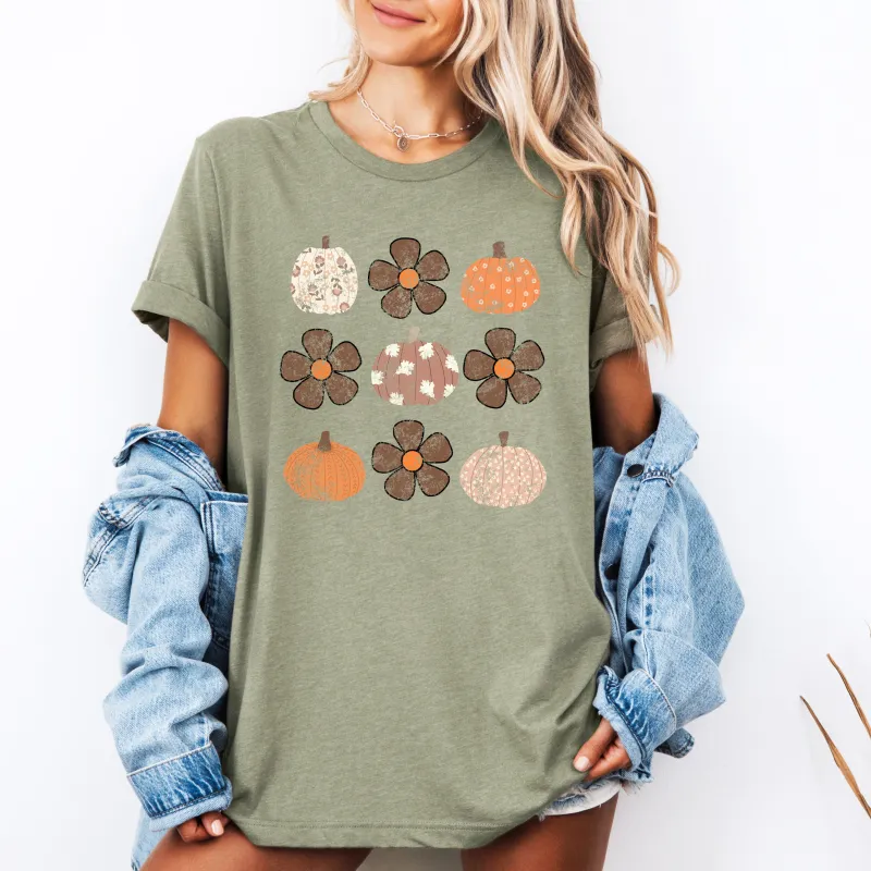 Retro Halloween, Flowers, Pumpkins, Patterned, Autumn, Fall, Tshirt sold by Refinery Number One