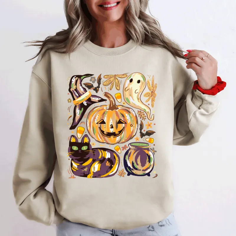 Cute Halloween Painted, Pumpkin, Black Cat, Ghost, Witch Sweatshirt sold by Refinery Number One