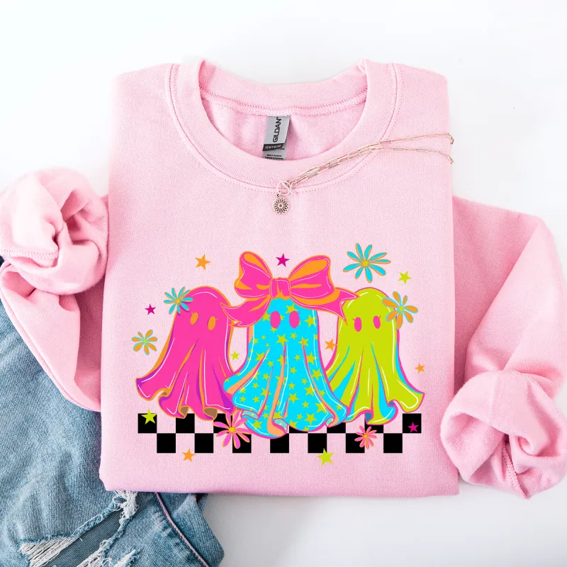 Bright and Colorful, Retro Halloween Ghosts, Checkered Sweatshirt sold by Refinery Number One