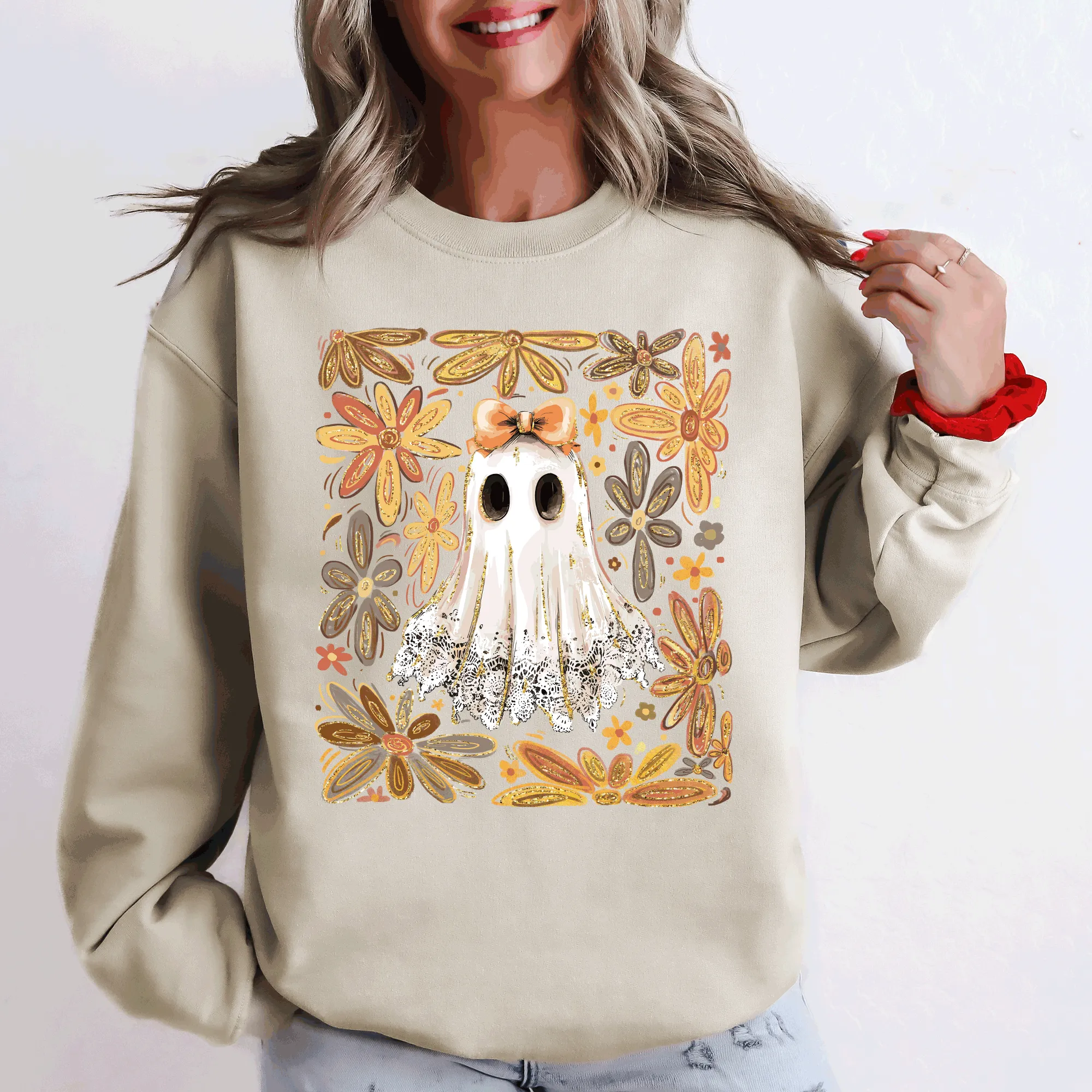 Beautiful Halloween, Flowers, Coquette Ghost Sweatshirt sold by Refinery Number One product image thumbnail 3
