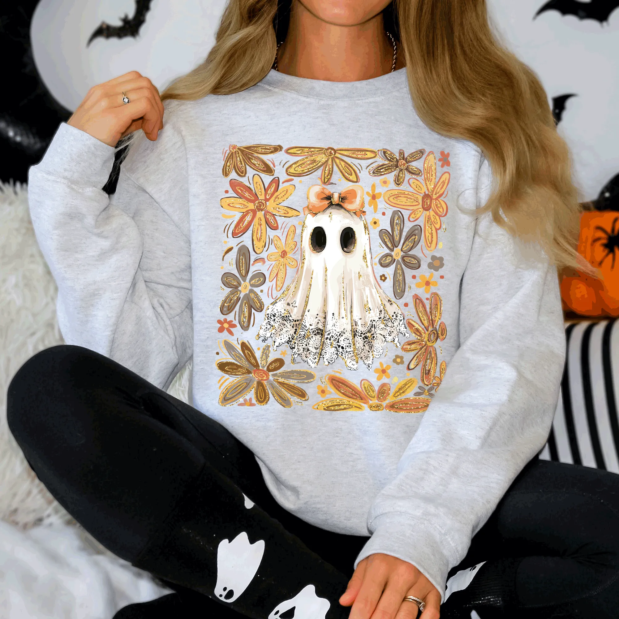 Beautiful Halloween, Flowers, Coquette Ghost Sweatshirt sold by Refinery Number One product image thumbnail 4