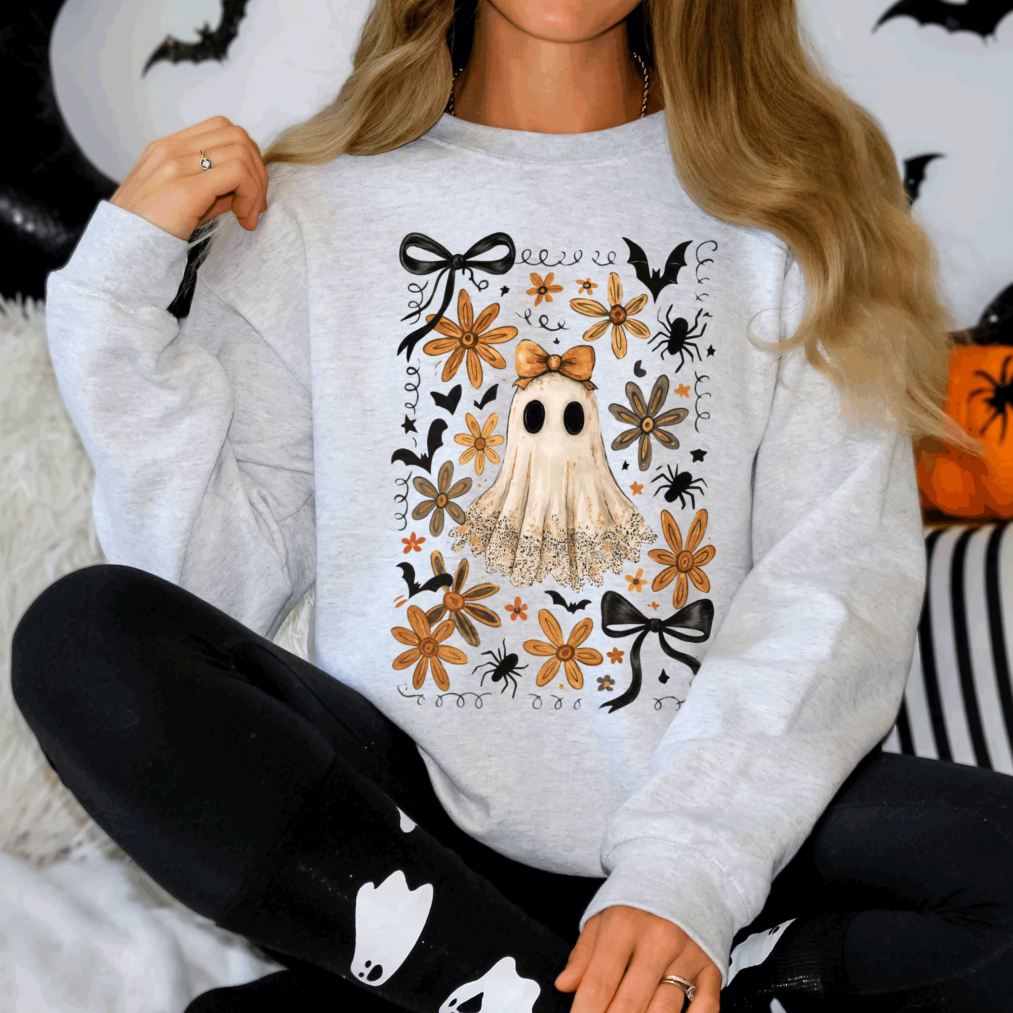 Beautiful Halloween, Bows, Bats, Flowers Sweatshirt sold by Refinery Number One product image thumbnail 3
