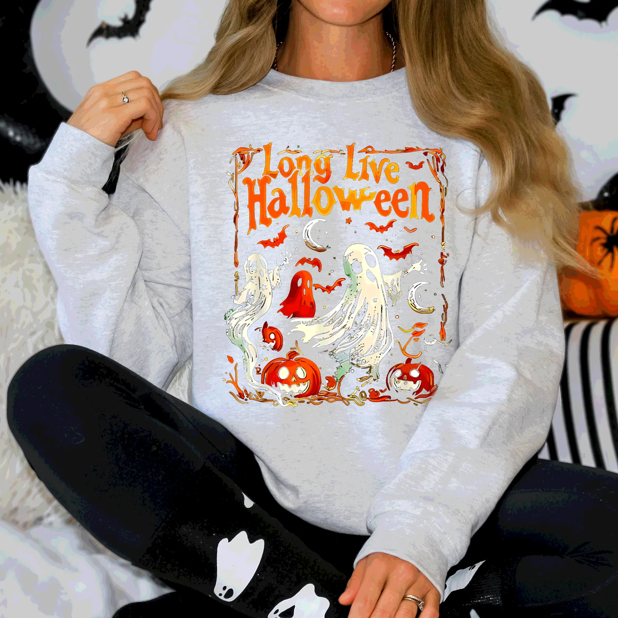 Long Live Halloween, Pumpkin, Classic, Vintage, Ghosts Sweatshirt sold by Refinery Number One product image thumbnail 3