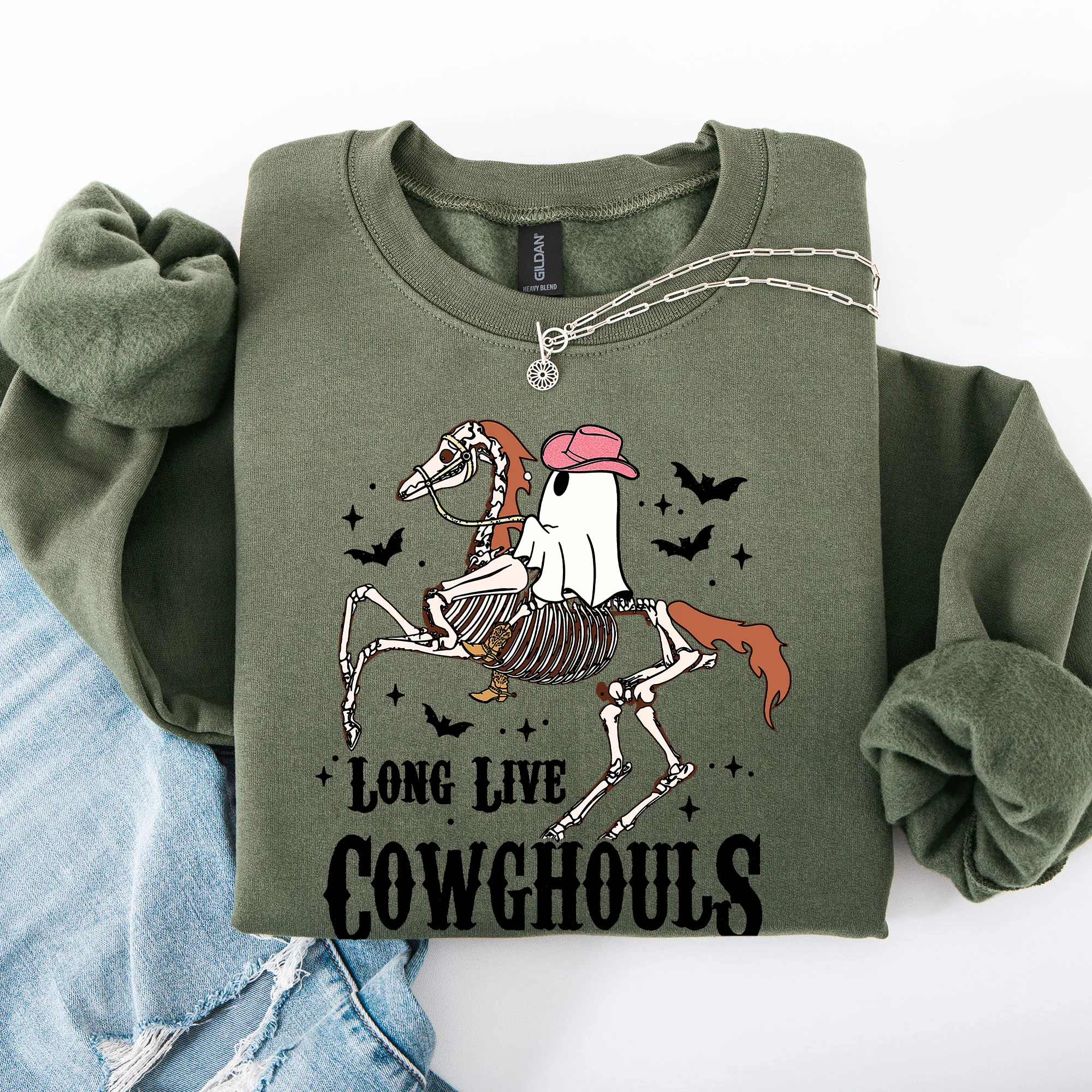 Long Live Cowghouls, Skeleton, Ghost, Horse, Halloween Sweatshirt sold by Refinery Number One