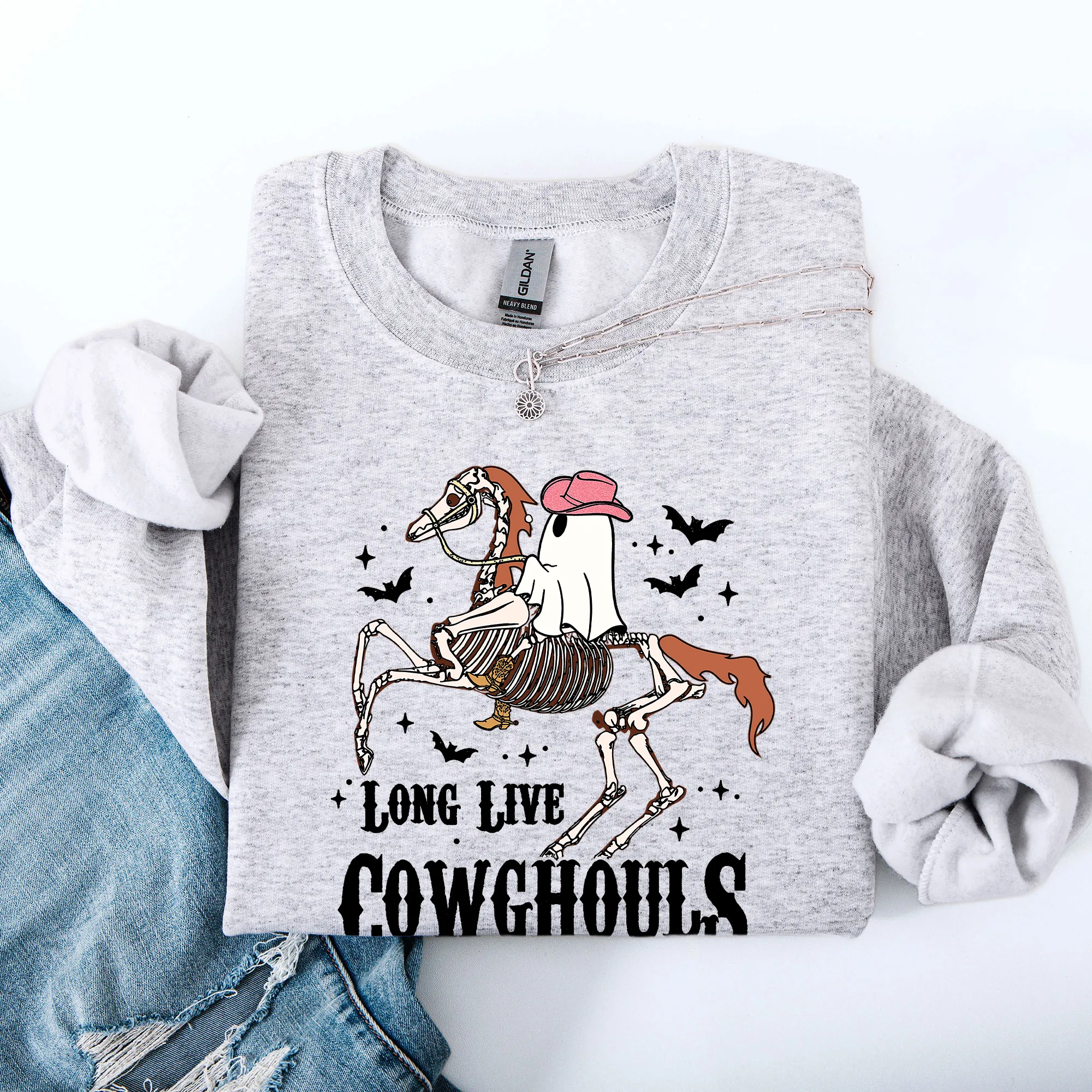 Long Live Cowghouls, Skeleton, Ghost, Horse, Halloween Sweatshirt sold by Refinery Number One product image thumbnail 3