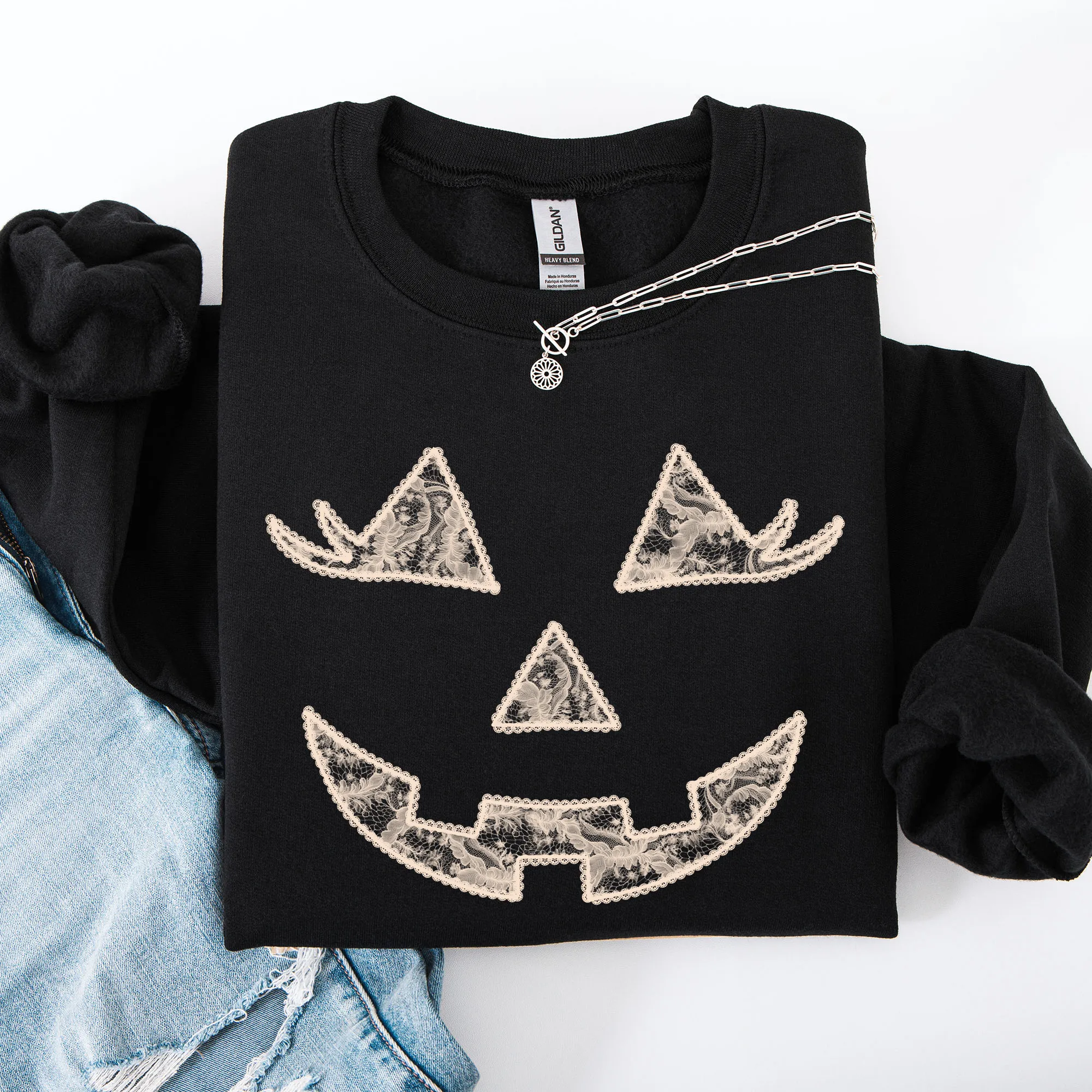 Jack o Lantern, Coquette, Faux Lace, Halloween Sweatshirt sold by Refinery Number One product image thumbnail 5