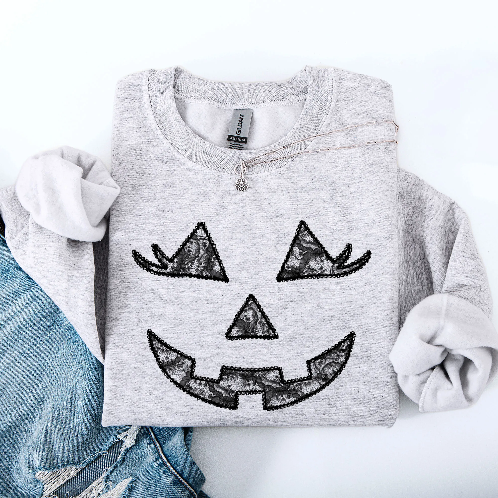 Jack o Lantern, Coquette, Faux Lace, Halloween Sweatshirt sold by Refinery Number One product image thumbnail 4