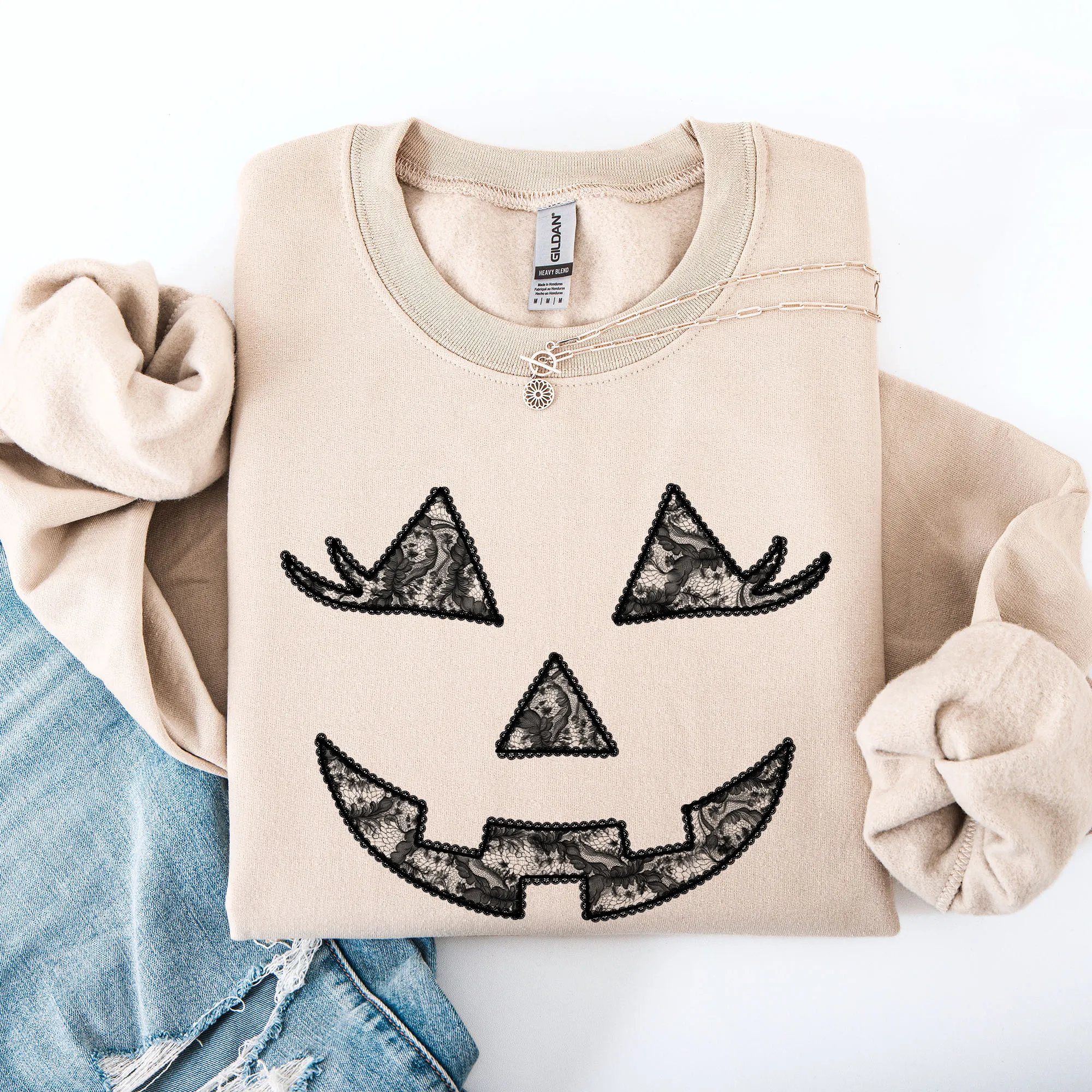 Jack o Lantern, Coquette, Faux Lace, Halloween Sweatshirt sold by Refinery Number One product image thumbnail 3
