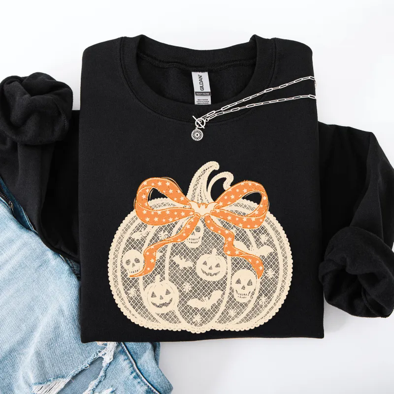 Halloween Pumpkin, Faux Lace, Coquette, Ribbon, Bows Sweatshirt sold by Refinery Number One