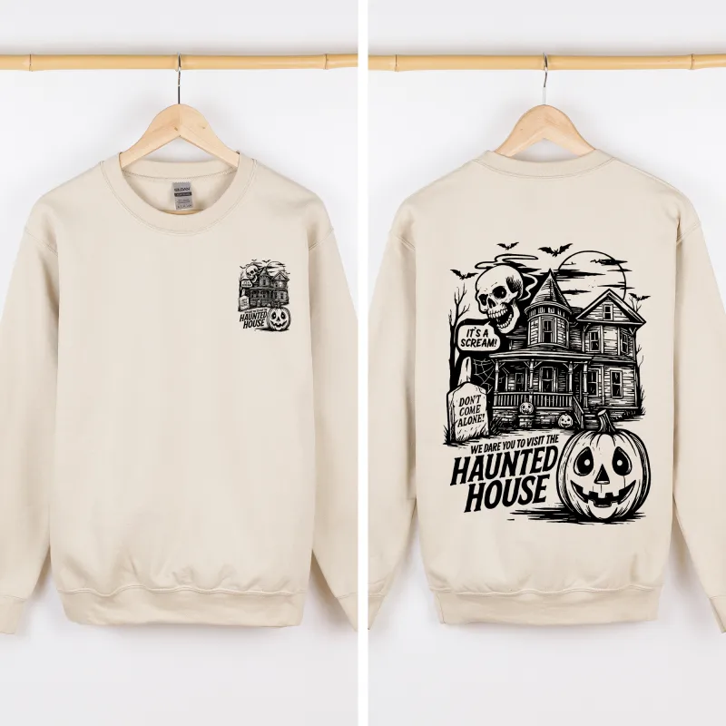We Dare You To Visit The Haunted House, Spooky, Halloween, Pumpkin Sweatshirt sold by Refinery Number One