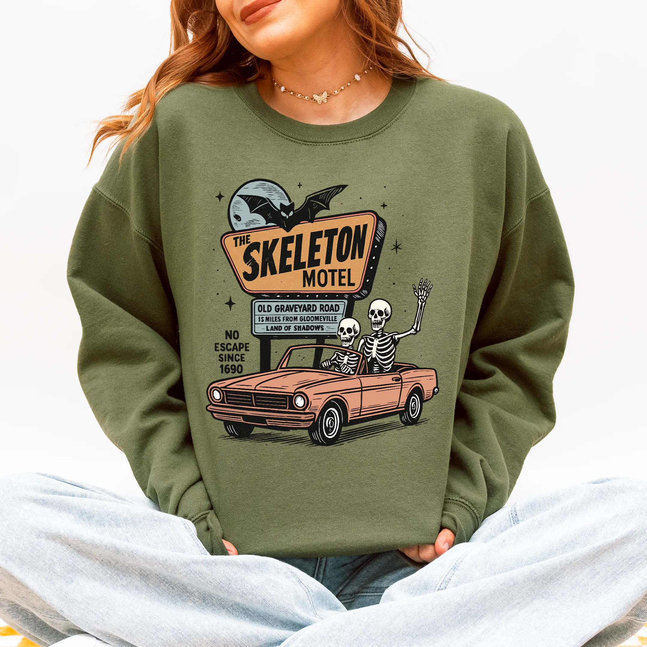 The Skeleton Motel, Spooky, Halloween Sweatshirt sold by Refinery Number One product image thumbnail 4